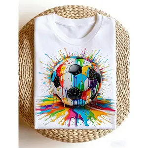 Men's 180g 100% Cotton Short-Sleeve T-Shirt - Vibrant Paint Splatter Soccer Ball Design, Ideal for Casual Summer Wear, Great Gift for Football Enthusiasts