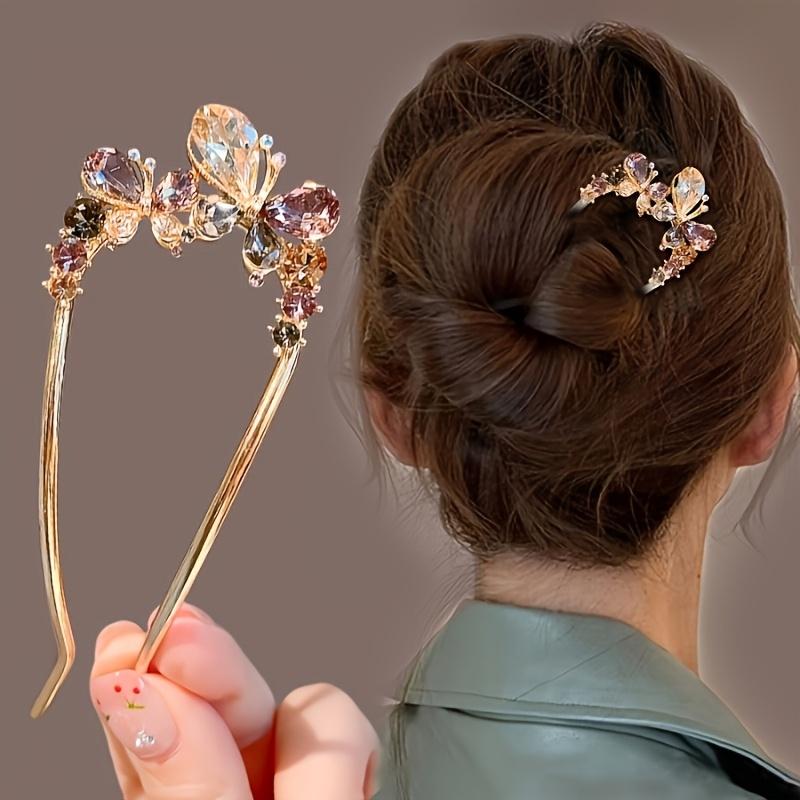 2pcs Set of Colorful Rhinestone Butterfly Flower Metal Hair Styling Artifact Women'S Hairpin Comb