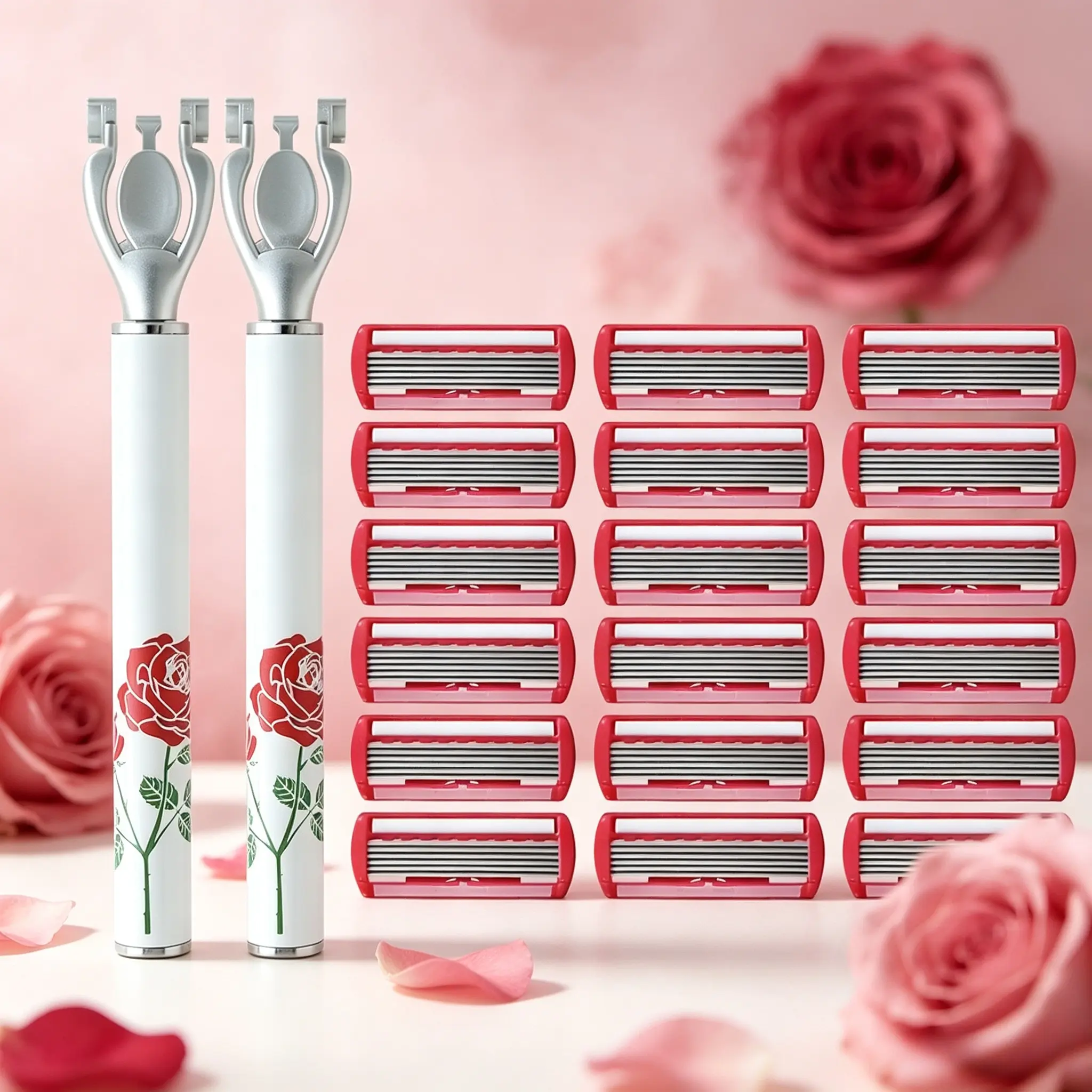 Reusable rose print women safe razor set with spare sharp blades. Flexible head fits body curves to gently remove leg, underarm and bikini hair without irritation, essential mild shaving supply for home and dorm girls.