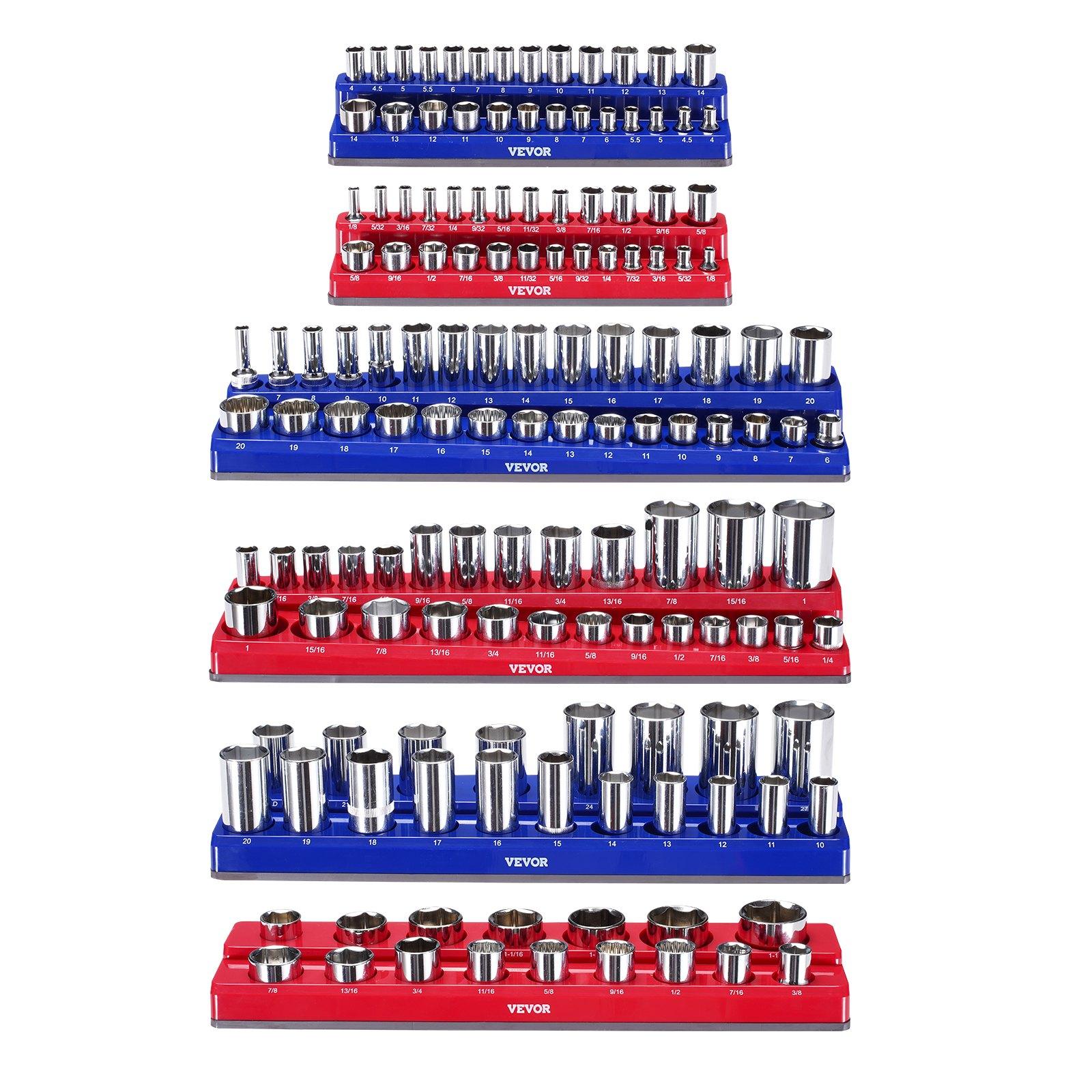 VEVOR Magnetic Socket Organizer Set, 6PCS Socket Holder, 1/4'', 3/8'' & 1/2'' Metric SAE Socket Trays with Clear Labels, Hold up to 143PCS Standard & Deep Sockets, Blue & Red (Sockets Not Included) VEVOR Magnetic Socket Organizer Set, 6PCS Socket Holder, 1/4'', 3/8'' & 1/2'' Metric SAE Socket Trays with Clear Labels, Hold up to 143PCS Standard & Deep Sockets, Blue & Red (Sockets Not Included)
