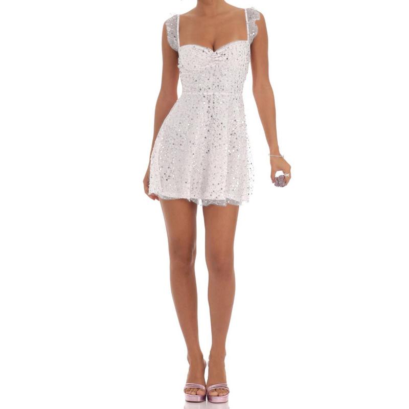 Women Slip Dress, Sleeveless Backless Tie-up Shiny Sequins A-line Dress Summer Mini Dress