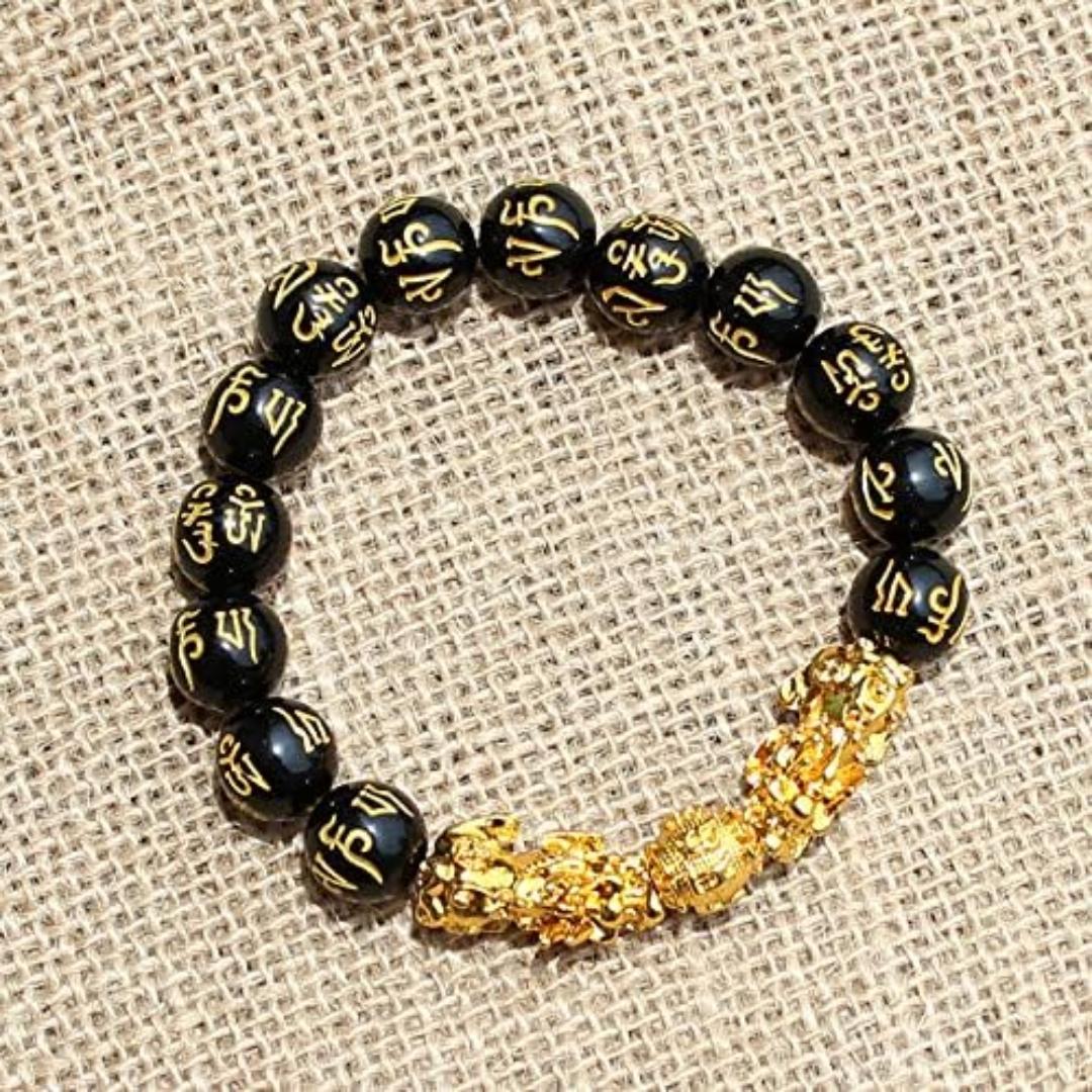 12Mm Obsidian Golden Pixiu Chinese Style Six-Character Mantra Round Bead Stretch Good Luck Large String Round Bead Stretch Wealth Bracelet Jewelry, Ethnic Style Toy Men'S Wealth Stone Bracelet, Spring Festival Gift, New Year Gift