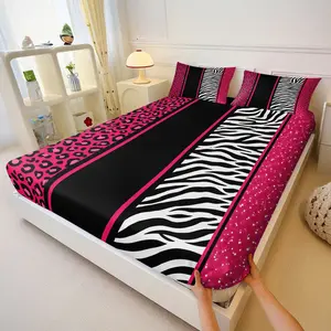 Hot Leopard & Zebra Stripe Split F Fitted Sheet Set, 3pcs Animal Print Bed Sheet + Pillowcase, Coquette Punk Style Bedroom Mattress Cover