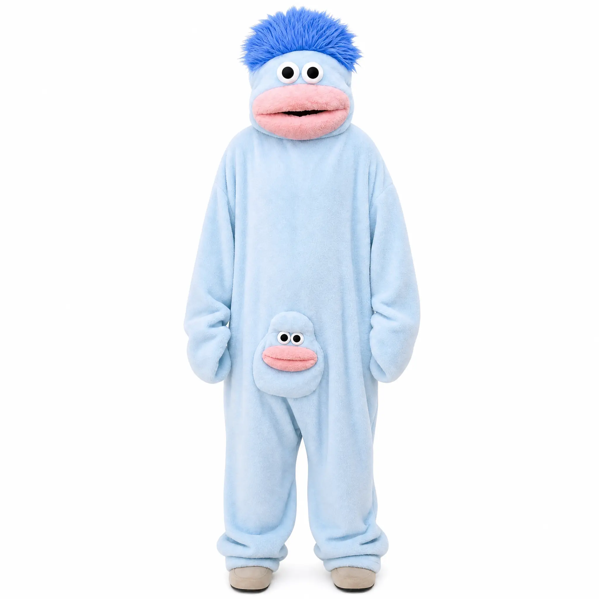 Trend Cute Adult Monster Costume - Fluffy Blue Thick Fabric Full-Body Jumpsuit, Oversized Character Head 1-Piece Set, Nightwear for Halloween Party Cosplay, Ultra-Soft Machine-Washable Polyester Baggy Elastic Perfect Gift