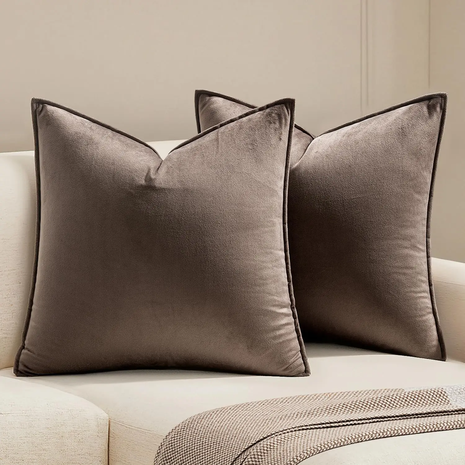 Dark Coffee Velvet Throw Pillow Covers 24x24 Taupe Neutral Soft Decorative Square Euro Sham Cushion Pack of 2 Decor for Couch, Sofa, Bedroom