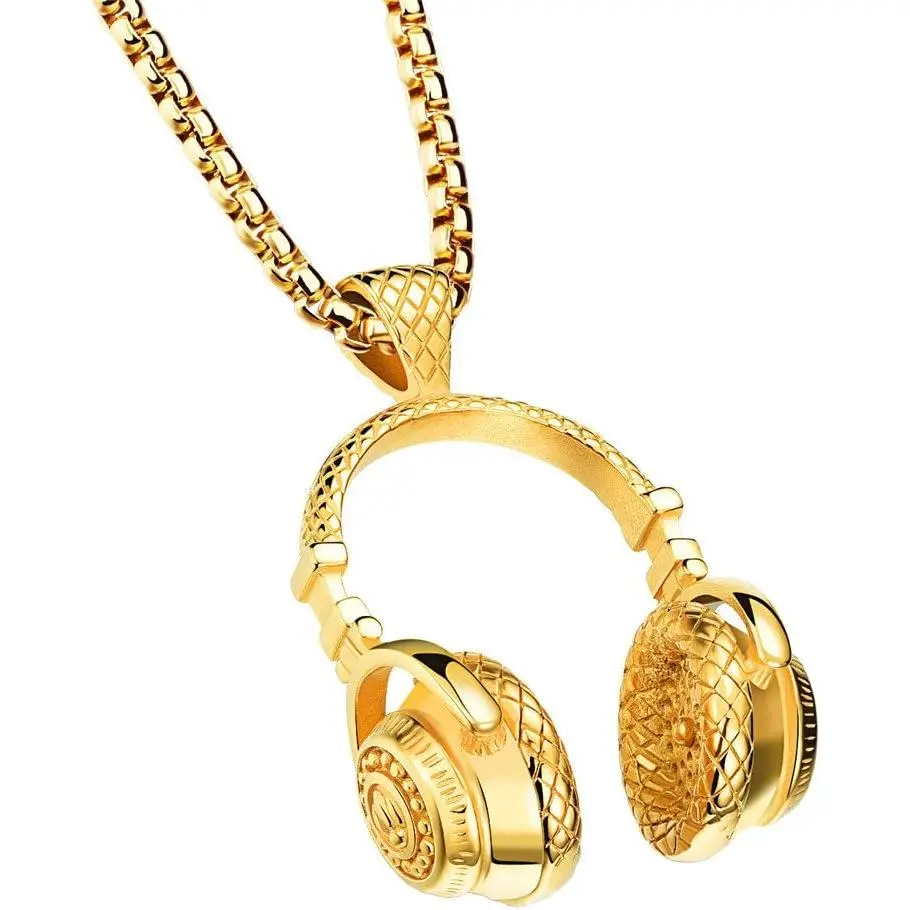 Men's  Headset DJ Headphone Pendant Necklace, /Black/ | Stainless Steel, Personalized  Hop Biker Style, Polished with Chain