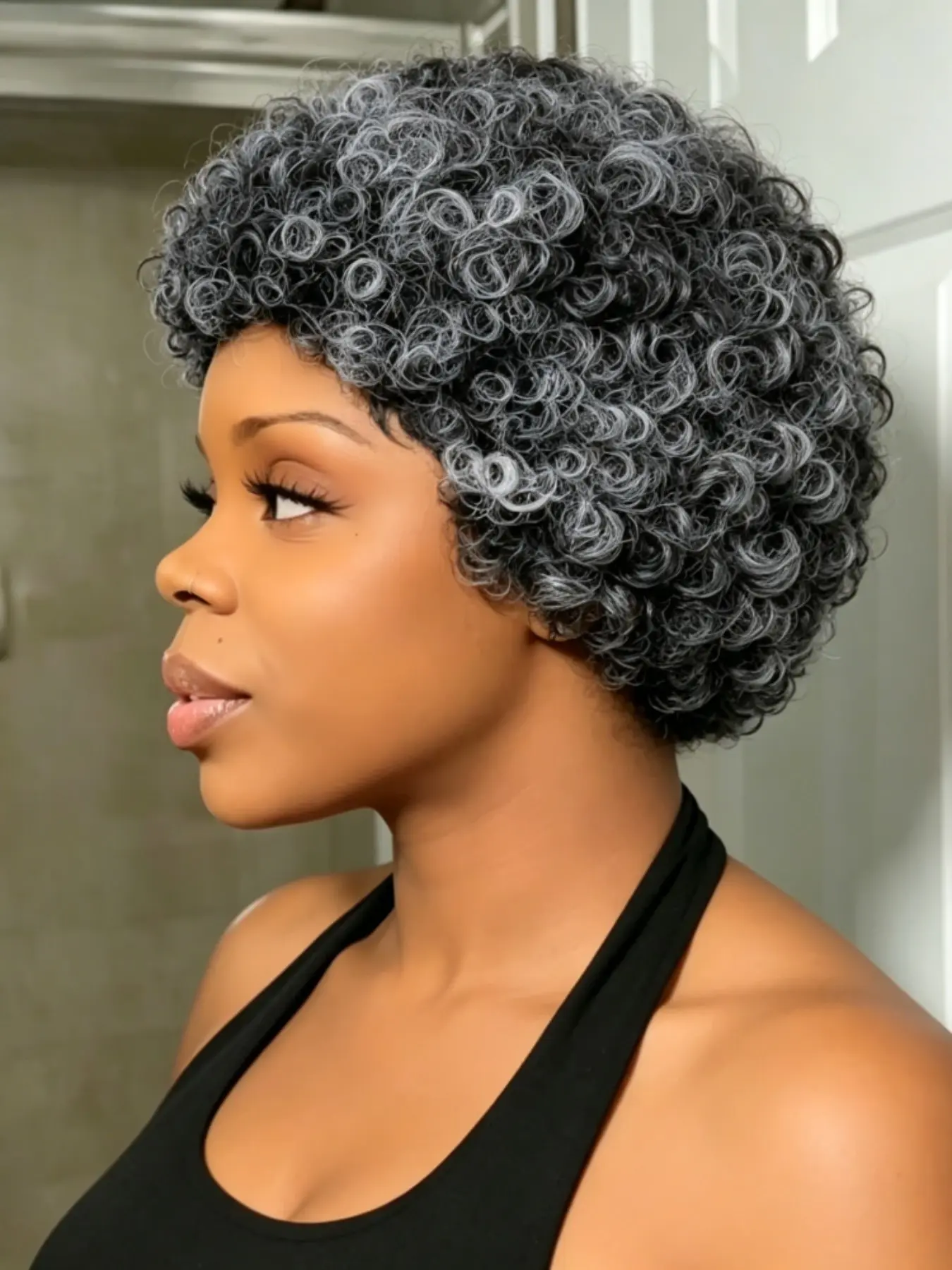 Human Hair Full Machine Made Grandma Short Kinky Curly Afro Wig, Natural Salt Pepper Pixie Wig, Stylish and Comfortable