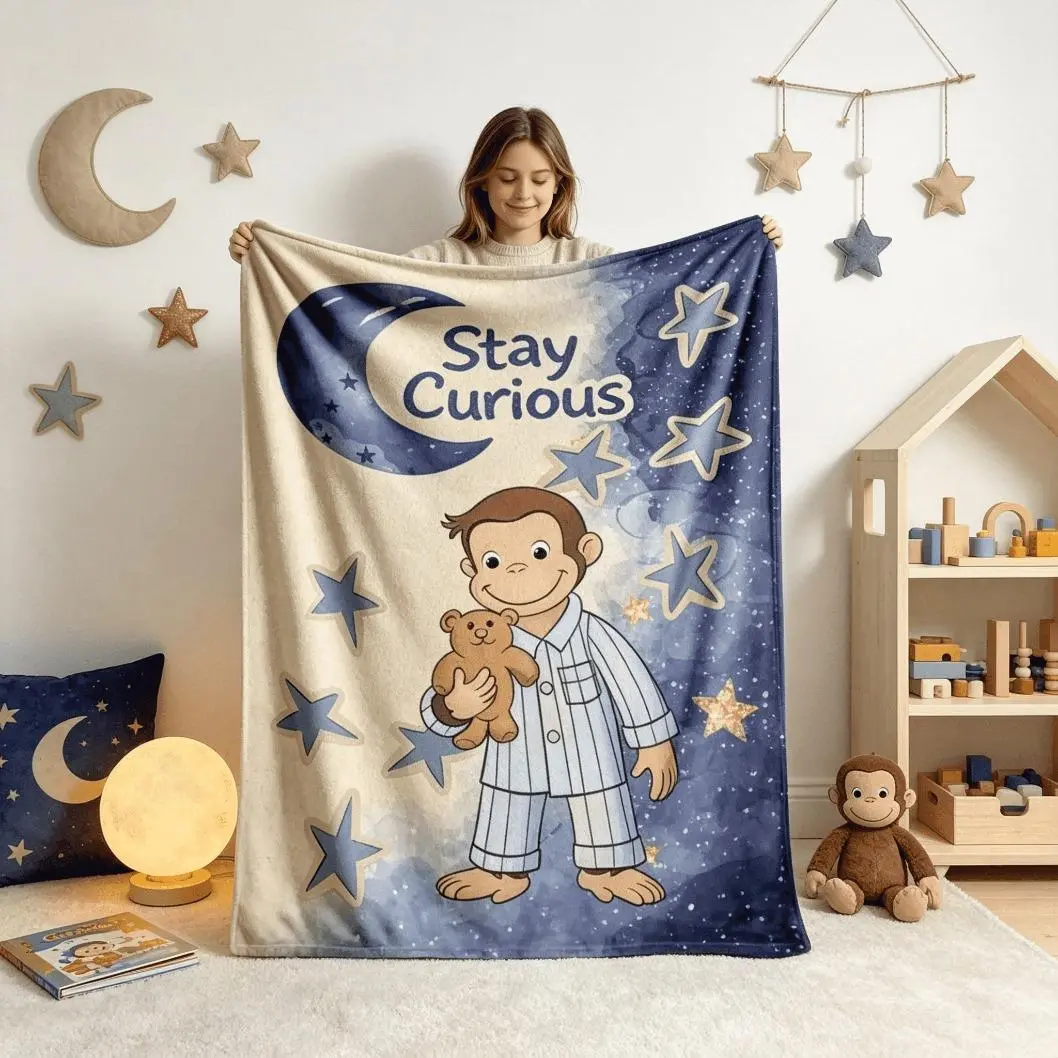 Curious George Flannel Blanket Stay Curious Quote Moon Stars Print Cute Monkey In Pajamas Holding Teddy Bear Watercolor Nursery Art Soft Warm Fuzzy Throw Blanket, Kids And Adults Bedroom Baby Nursery Daycare Nap Time Baby Shower Gift, Summerwins Cozy Home