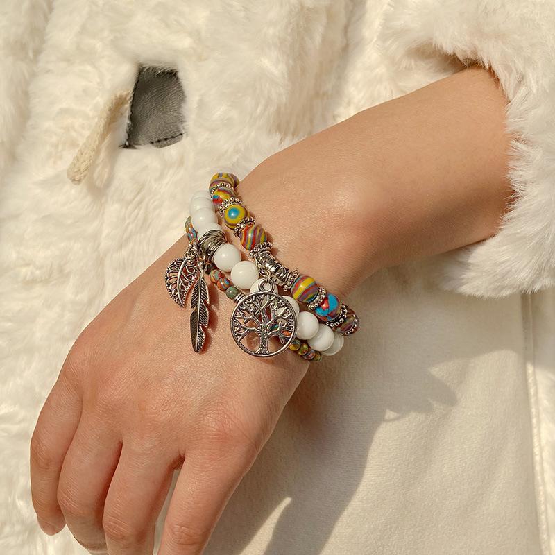 Bohemian style personalized bracelet for women with natural beads, turquoise, and tree of life pendant combination bracelet for women