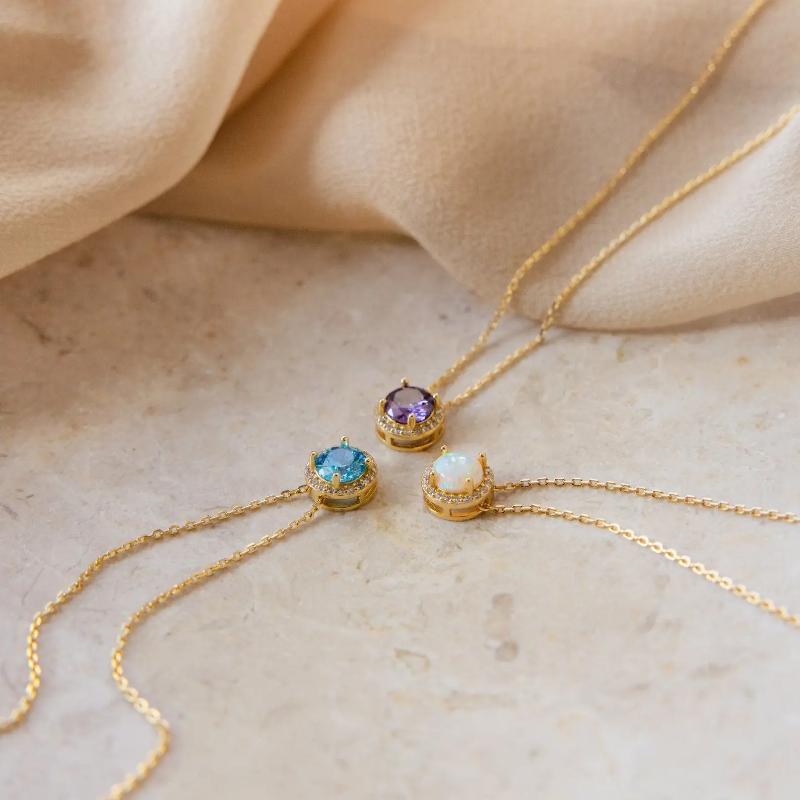 Halo Birthstone Necklace by Caitlyn Minimalist - Vintage Style Gemstone & Diamond Charm Necklace in 18K Gold Finish - Custom Birthstone Jewelry - Personalized Gifts for Her.