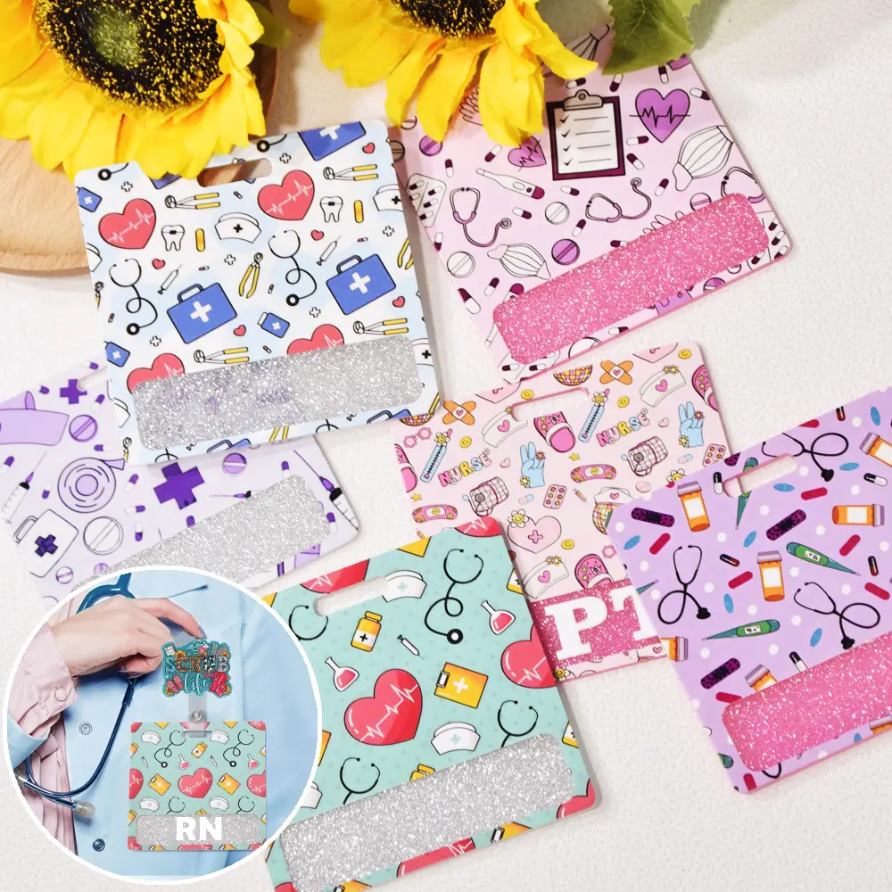 Mix 10pcs Glitter Acrylic Printed Badge Mixing different styles Nurse and Medical Theme of printed patterns Name Tag Badge id Holder Sprinkle badge buddy