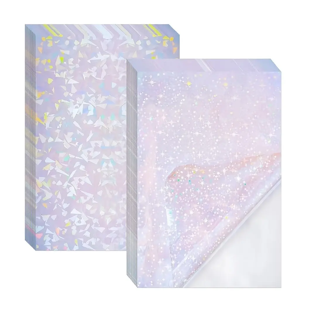 A4 Holographic Cold Lamination Stickers, 10 Self-Adhesive Rainbow Stars & Glass Texture Vinyl Stickers, Ideal for Photos, Crafts, DIY Scrapbooks, Aesthetic Stickers