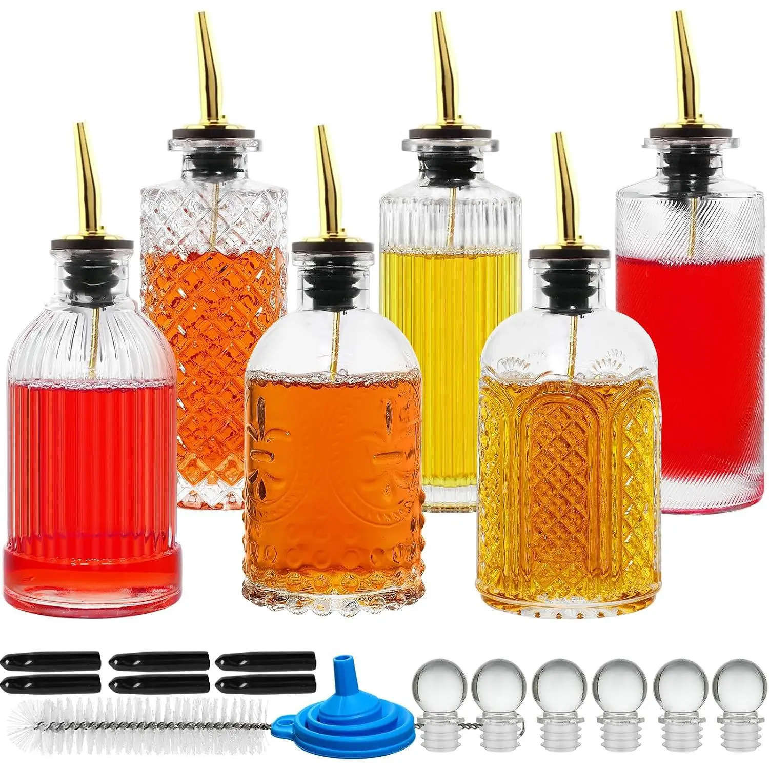 Coffee Syrup Dispenser Bottles Set 6 Pack 7 OZ, Simple Small Glass Syrup Bottles for Coffee Bar with Metal Pour Spout Ideal for Coffee Syrups, Honey