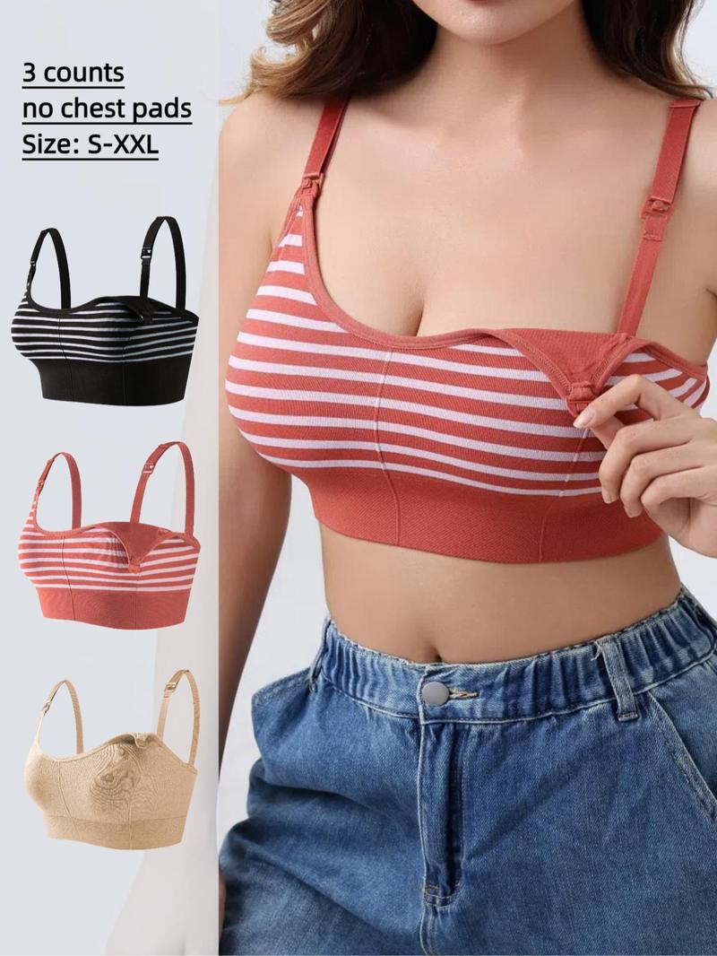 Maternity Solid Color/striped Print Nursing Bra, Adjustable Strap Seamless Double Layer Soft Support Nursing Bras, Maternity Underwear for All Seasons, Underwear for Women, Soft Fabric Bra