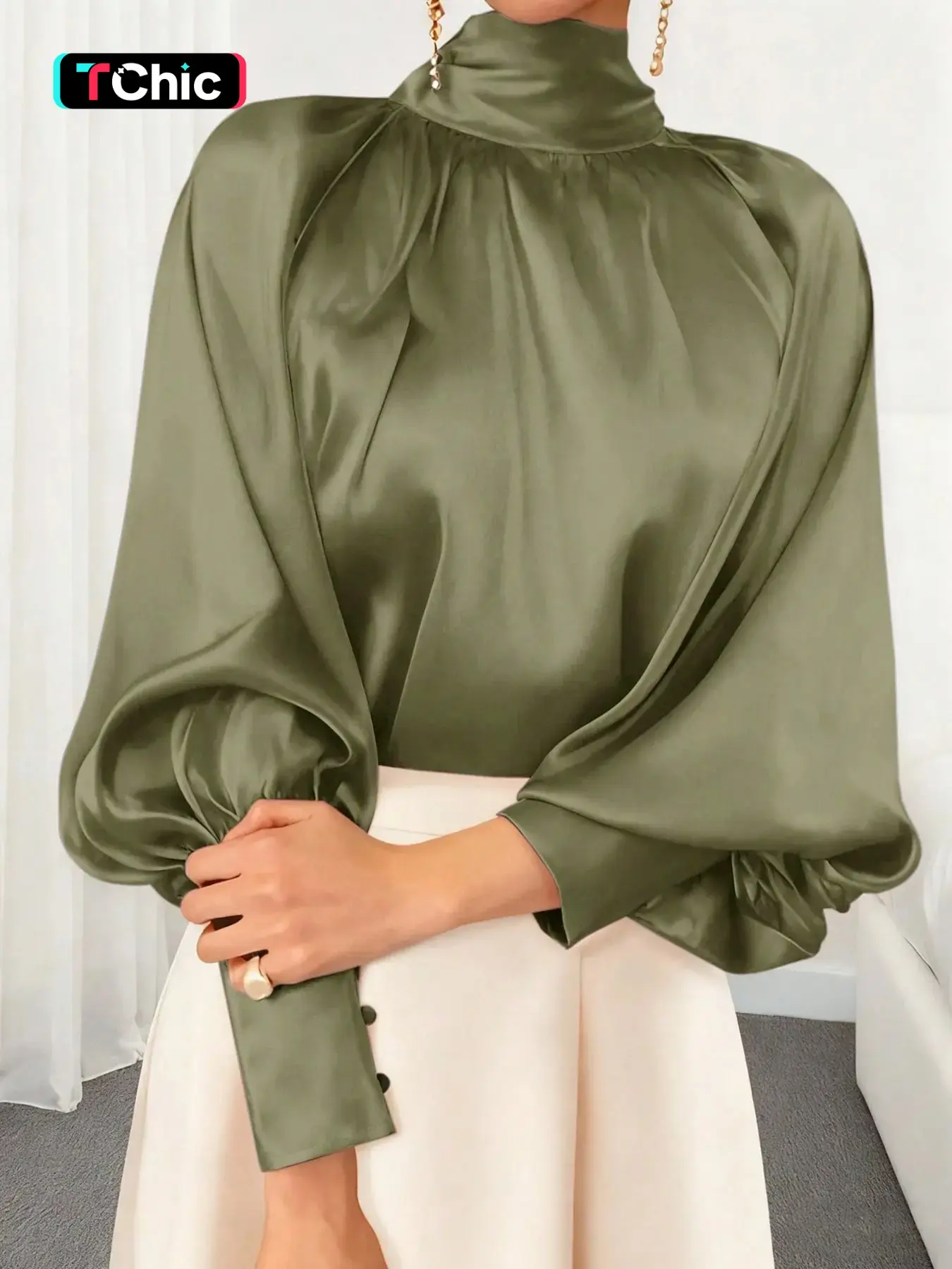 Women's Luxurious Satin Stand Collar Long Sleeve Shirt Blouse, Lantern Sleeve Design, Essential for Fall Winter Layering, Daily Office Party Wear