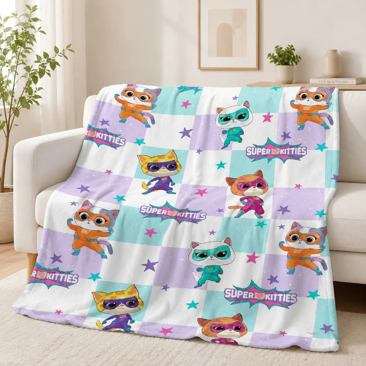 Super Kitties Cartoon Cat Blanket, Cute Superhero Flannel Throw Blanket, Funny Flannel Blanket, Soft Cozy Cover for Couch & Bedroom, Perfect Gift Idea