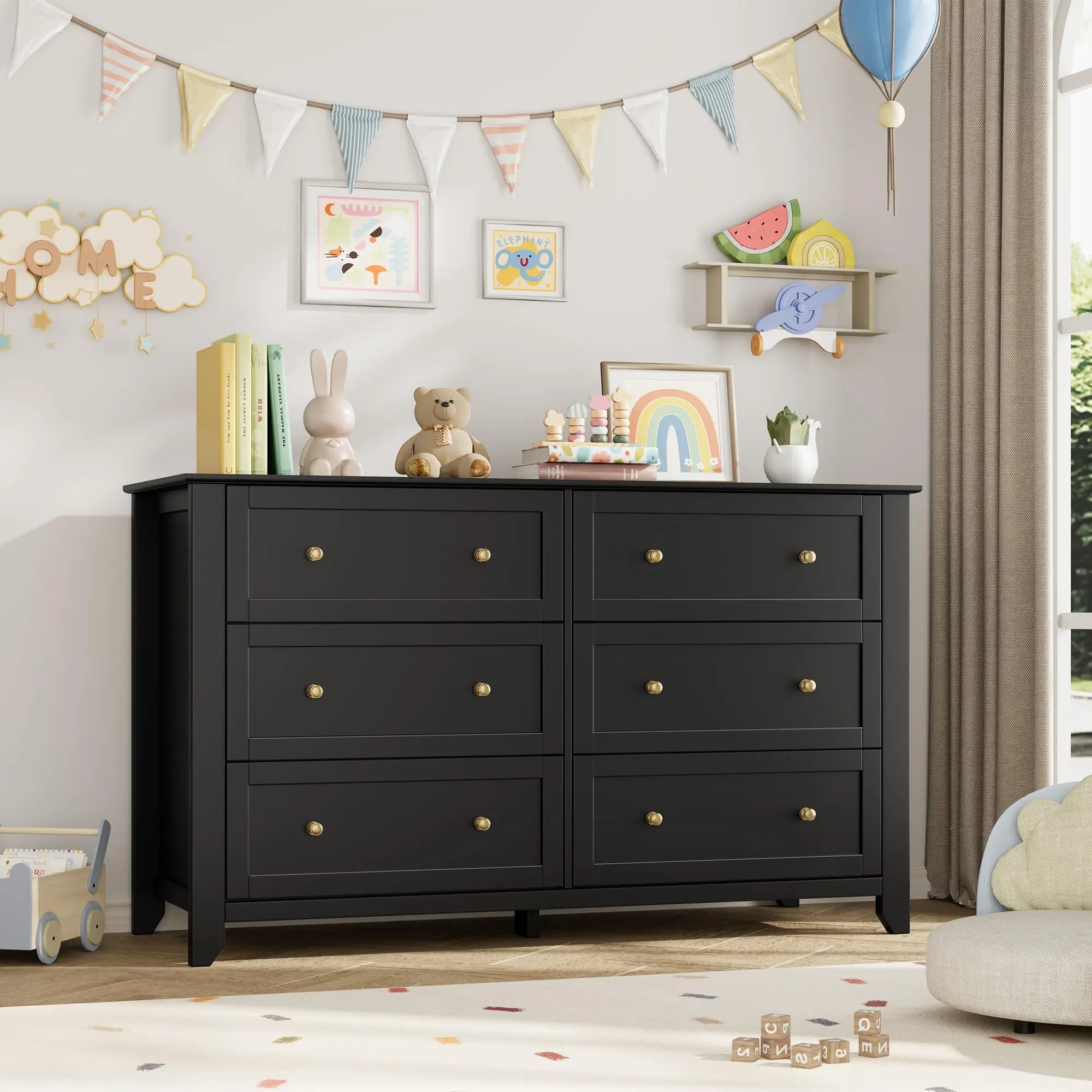 54-Inch Wide Minimalist 6-Drawer Wooden Bedroom Dresser - Single Unit Wardrobe, Large Storage Cabinet with Deep Drawers, Metal Knobs, Multi-Purpose Organizer for Entryway, Bedroom