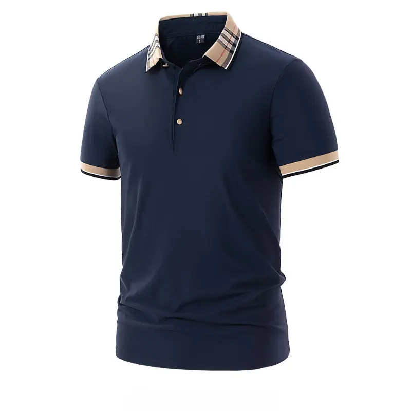 Men's Lightweight Breathable Polo Shirt with Plaid Contrast Collar, a Stylish Short Sleeve Top for Casual Business Menswear, Lightweight Breathable Polos