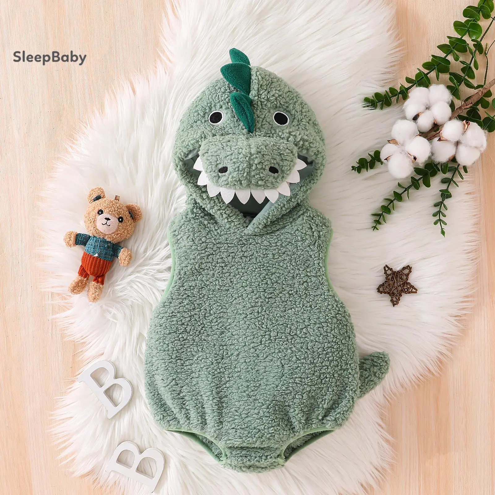 Baby Halloween Dinosaur Costume Plush Sleeveless Hood Romper Party Funny Clothes, Dinosaurs, Polyester, 0-3 Months, 12-18M, 3-6M
