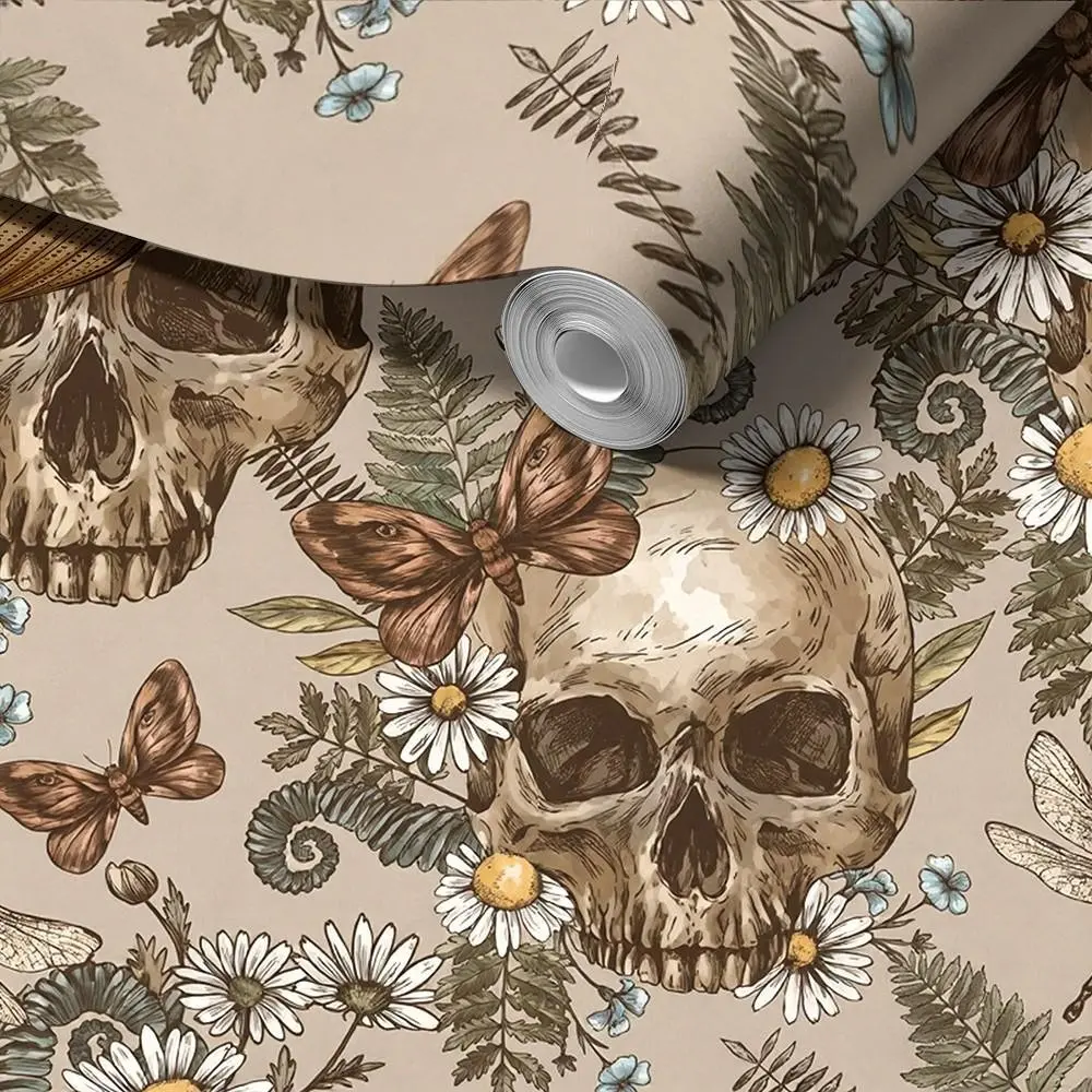 Vintage Skull Moth Daisy Botanical Peel And Stick Wallpaper Designs, Neutral Beige Skeleton Wildflower Fern Print Self Adhesive Wall Mural For Home Decor