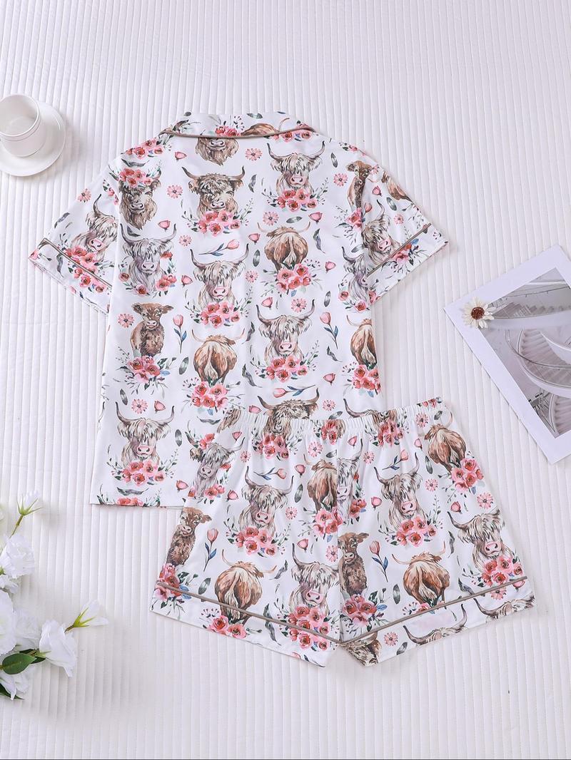 Women's All Over Print Pajama Two-piece Set, Casual Comfy Short Sleeve Top & Elastic Waist Shorts Loungewear Set, Ladies Summer Sleepwear