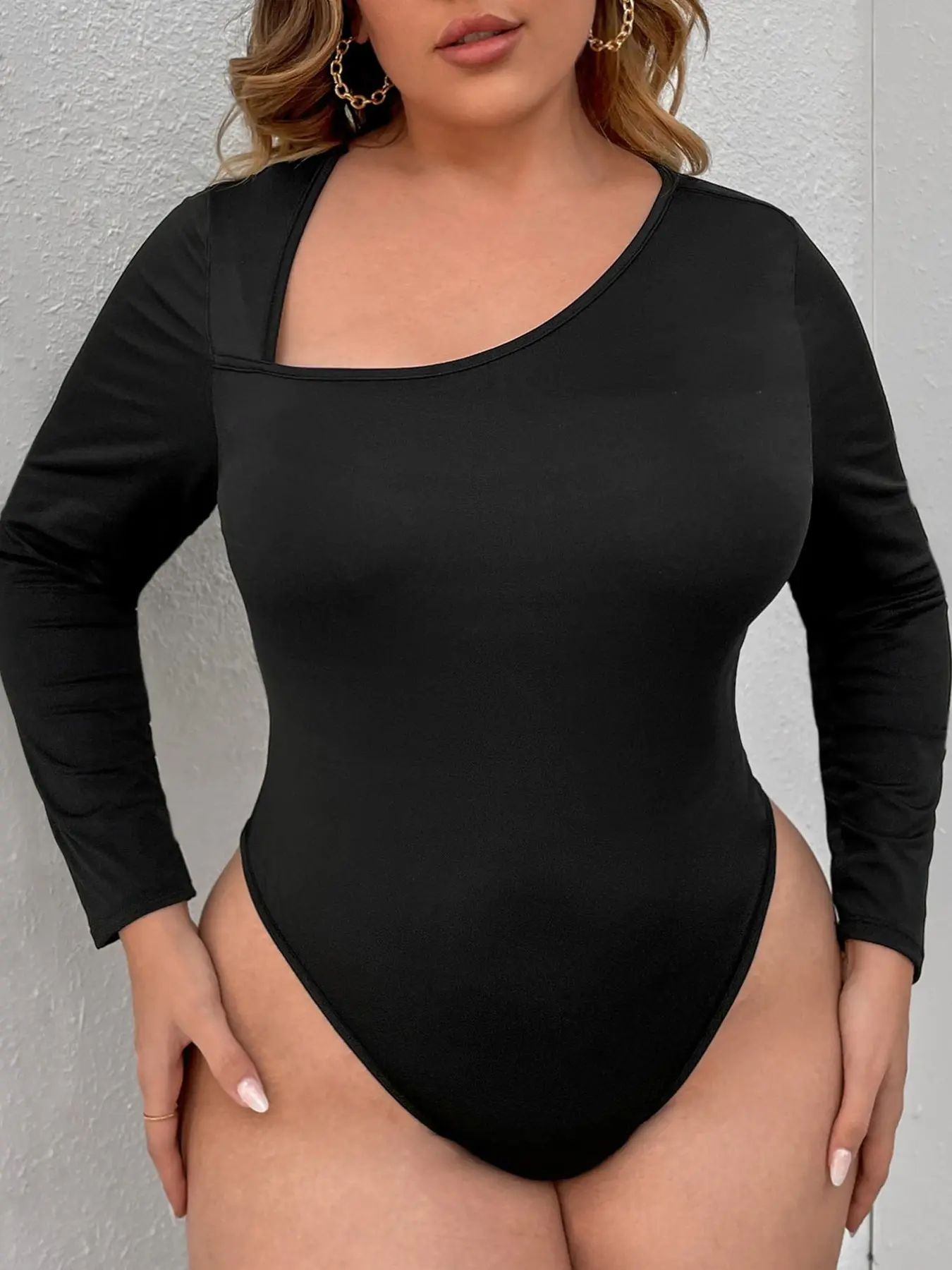Plus Size Women Medium Stretch Black Bodysuit Long Sleeve Asymmetrical Neckline Flattering Snatched Shapewear For Curvy Girls Trendy Baddie Aesthetic Casual Everyday Wear Night Out Clubwear Fall Outfit Leotard