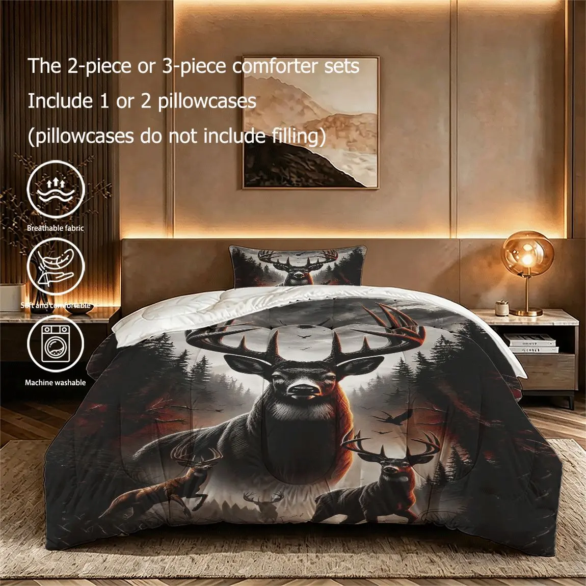 2/3pcs (1 comforter + 2 pillowcases) Wild Deer Hunting Forest Pattern Bedding Comforter Set, Microfiber Soft Lightweight All Season Bedding, Fade Resistant Easy Care Machine Washable Bedding Set for Bedroom Guest Room Dorm Home