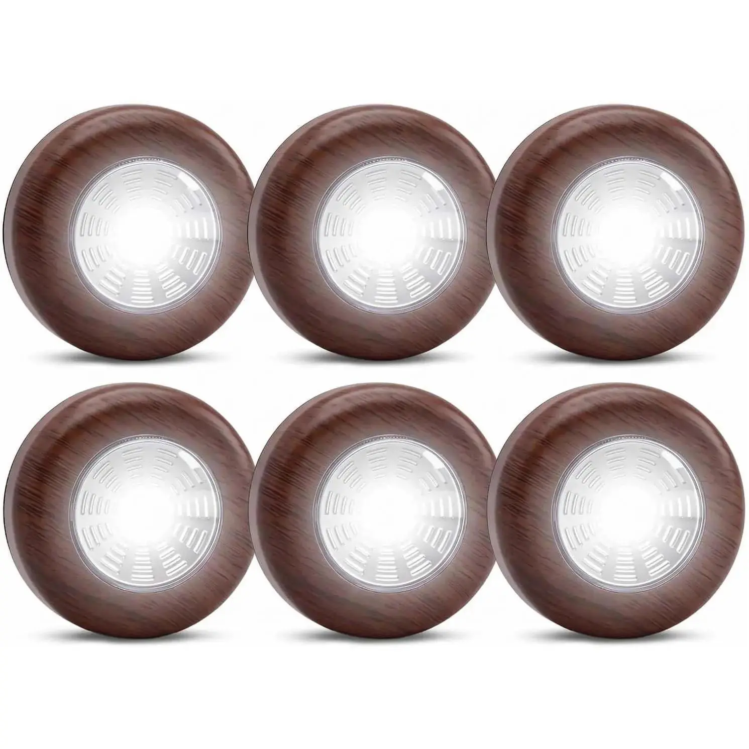 6 Pack Wood Grain LED Puck Lights Black Base Wireless Tap Activated Battery Operated Stick On Push Lights 2 7 Inch Dia x 1 Inch H Wireless On Off for Closets Shelves Batteries Required