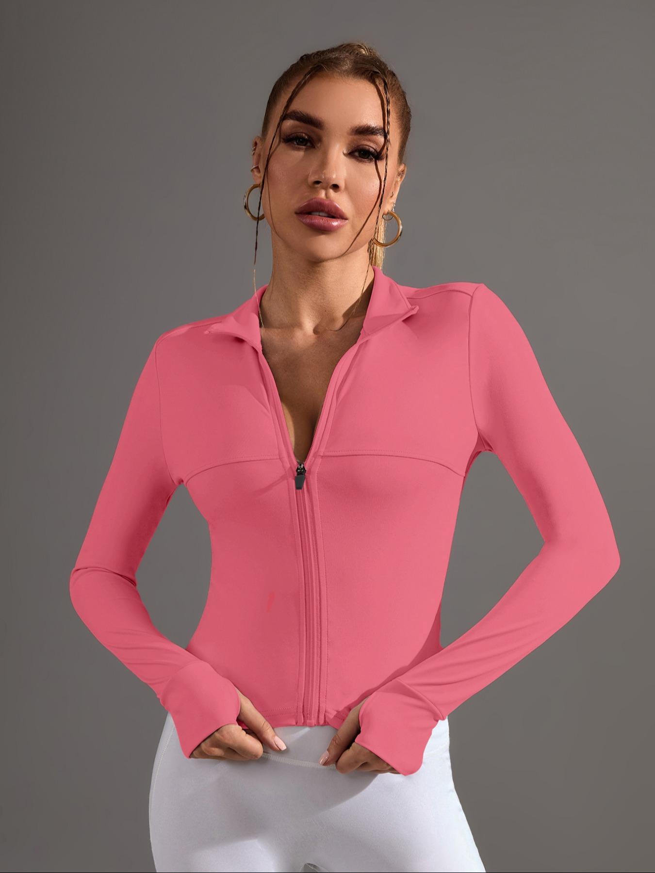 Women's Fashion Sport Jacket, Sporty Sports Outerwear, Workout Jackets, Stand Collar Design, Finger Gloves Included, Zippered Waist Hidden Curve, Yoga Running Fitness Casual Top