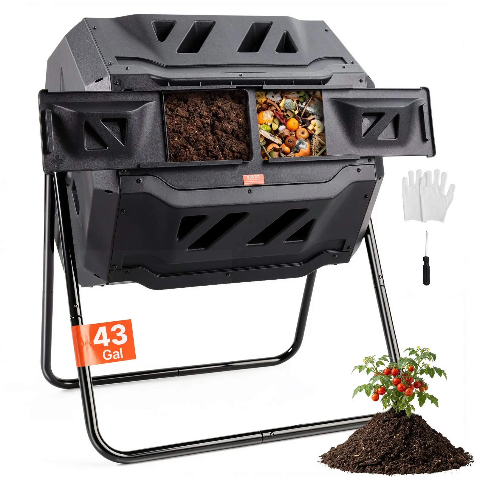 【toolupgrade】VEVOR Compost Bin, 43-Gal Dual Chamber Composting Tumbler, Large Tumbling Rotating Composter with 2 Sliding Doors and Steel Frame, BPA Free Composter Bin Tumbler for Garden, Kitchen, Yard, Outdoor