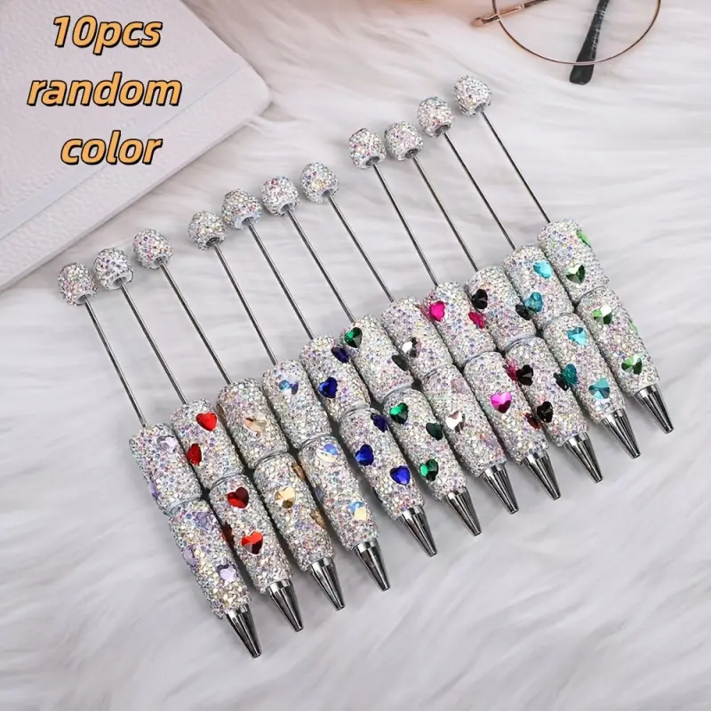 Set of 10 randomly colored DIY heart-shaped ballpoint pens, Aesthetic Pens featuring heart-shaped rhinestones, 150mm high-quality and durable synthetic diamond ballpoint pens, and black ink ballpoint pens