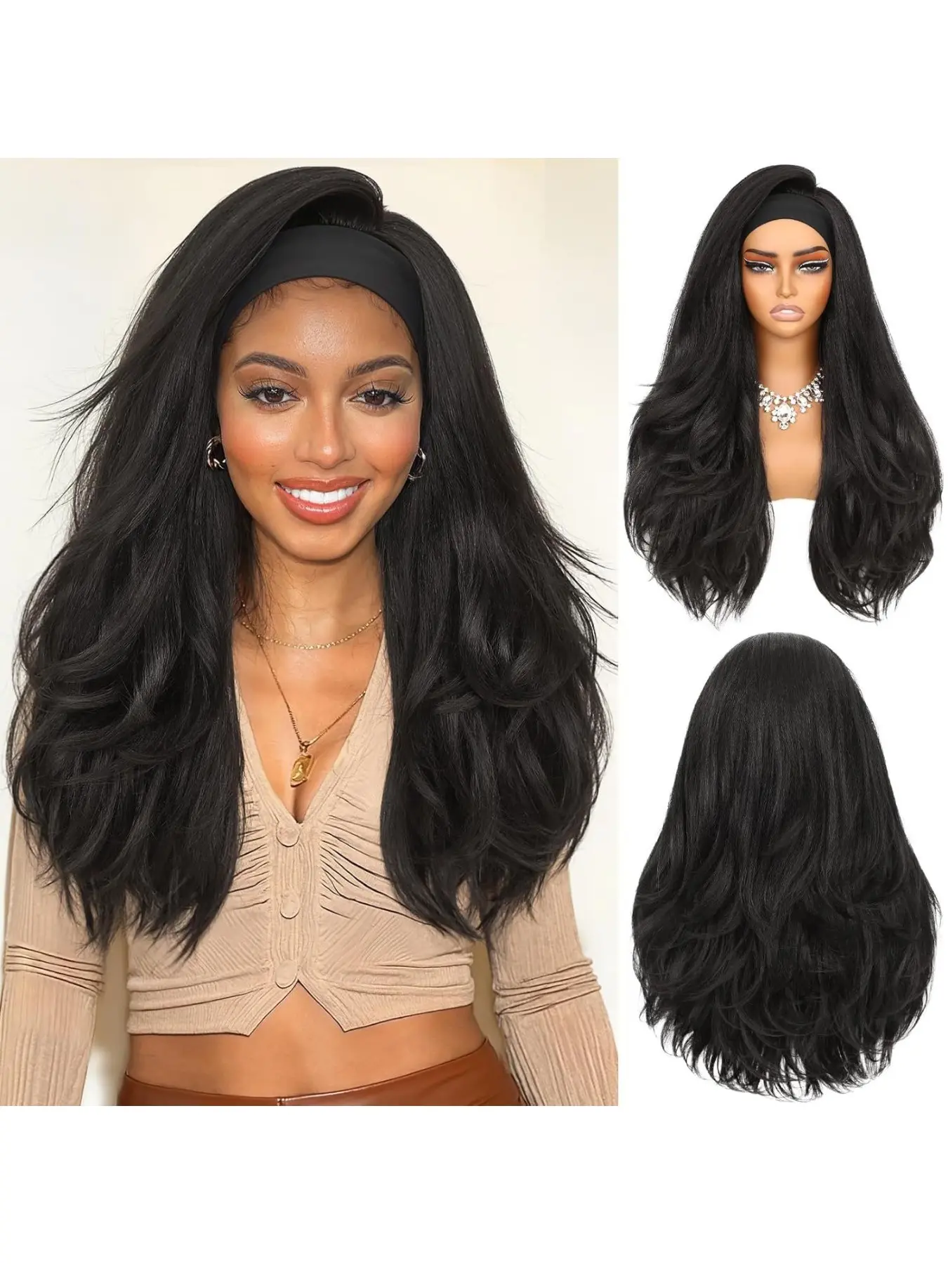 Glueless Ice Silk Yaki Headband Wig, Matte Black 24–26 Inch Long Loose Curly Heat Resistant Synthetic Hair, 220–230g Soft Breathable Wig for Daily Dating Party African American Beginner Women