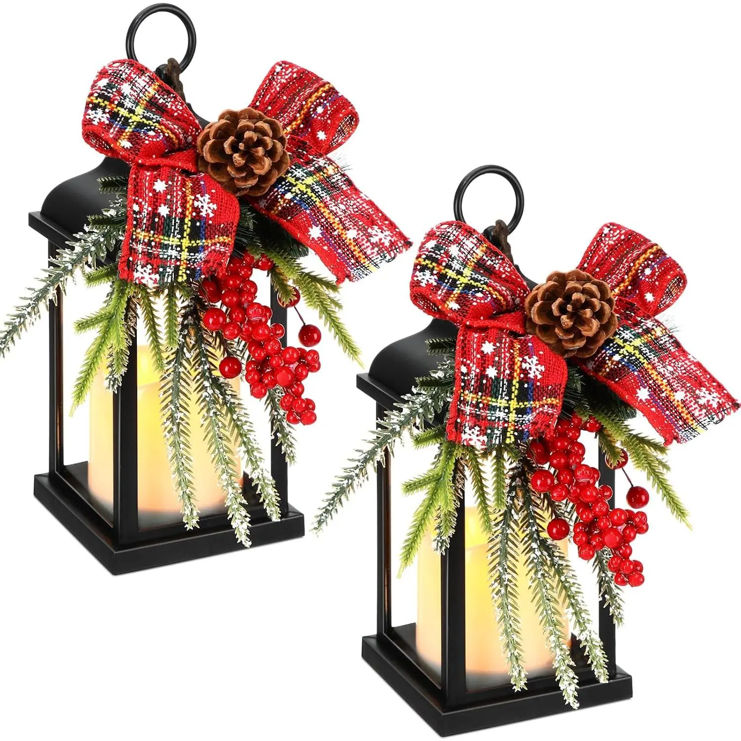 2 count Christmas Lantern Snow Decorative Globe Christmas Porch Decor 10 Inch Candle Lanterns with Flickering LED Flameless Candle  Bow Berry Holiday  Decoration for Xmas Party