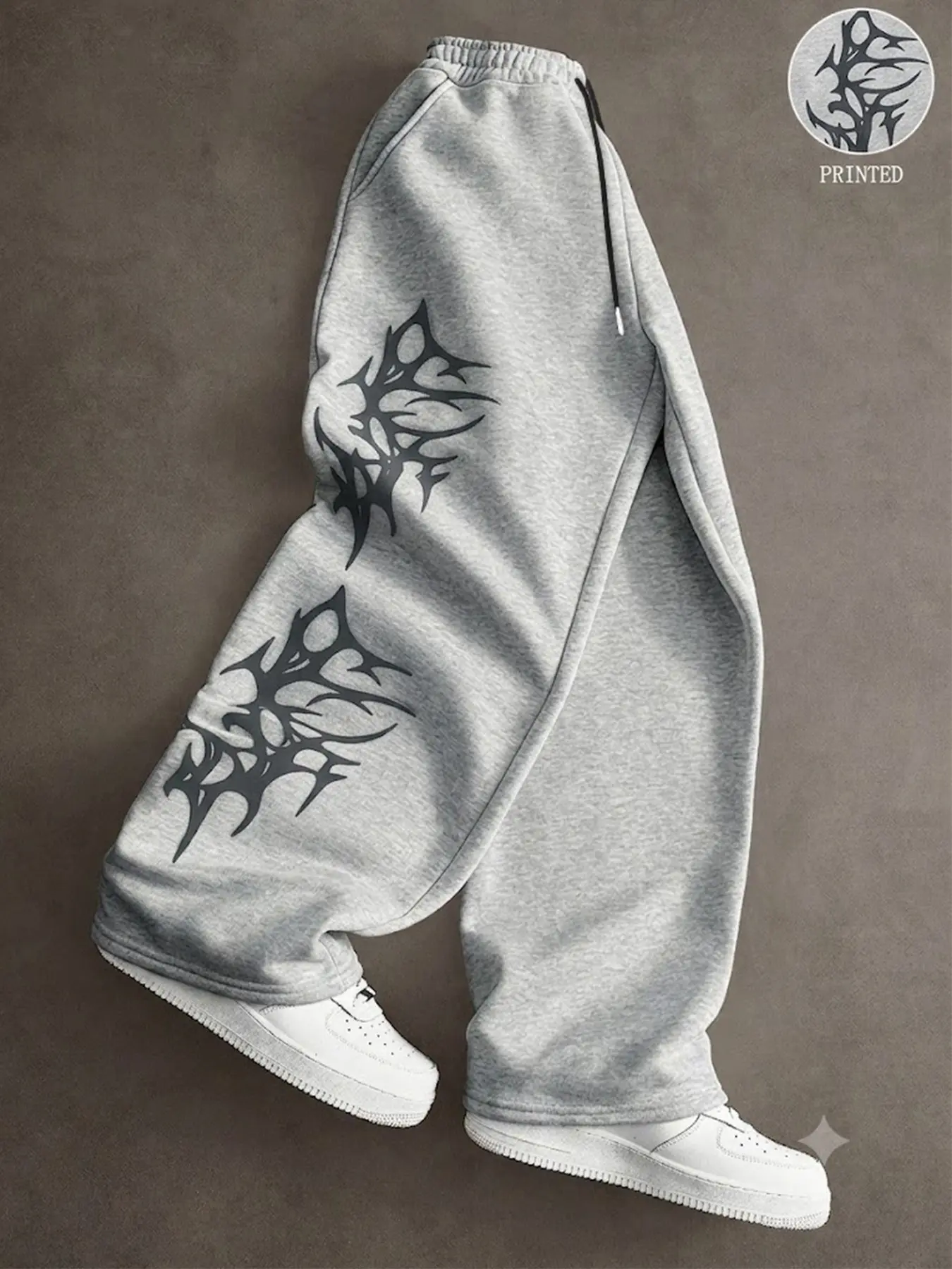 Men's Loose Straight Pants, Gothic Tribal Thorns Print, Adjustable Drawstring Waist, Side Pockets, Streetwear, Y2K Hip Hop Style