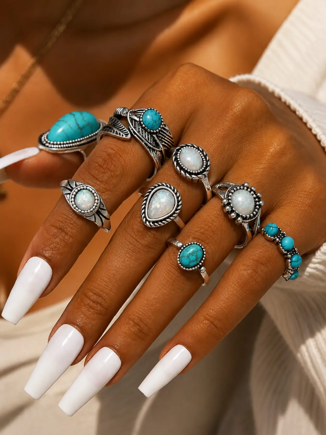 8pcs Western Turquoise Ring Set for Women, Boho Cowgirl Statement Jewelry, Vintage Style Stackable Rings, Festival & Everyday