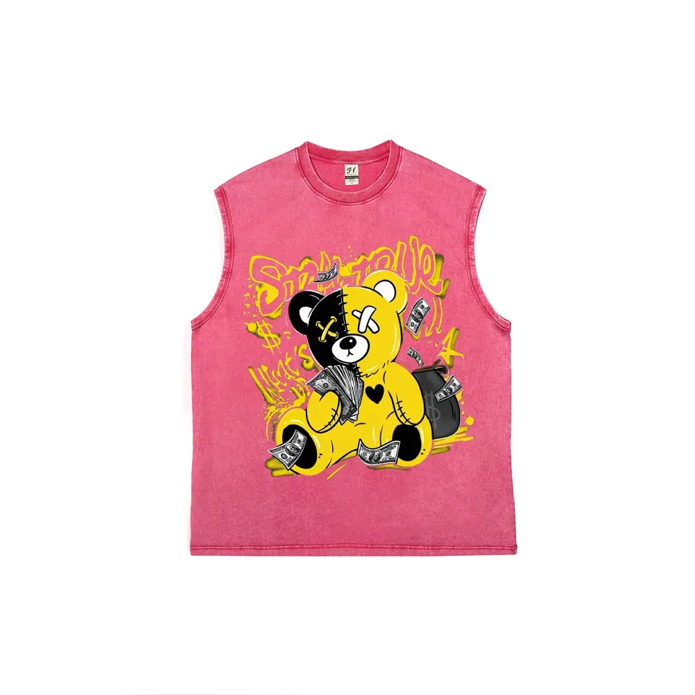 Men's Bear Graphic Tank Top, Vintage Washed 100% Cotton Fabric, Distressed Loose Fit Casual Streetwear Vest for Summer