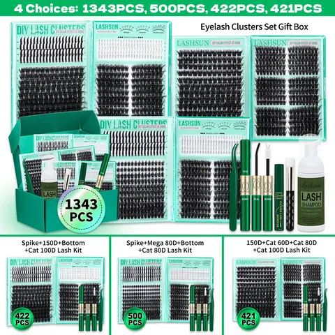 1343/500 Pcs Eyelash Cluster Kit, D Curl Mixed 5-21mm 7 Styles Bottom/Spike/Mega Thick 3D Multi-Layered Lashes, Lashes Set, Eyelash Extensions, Kit with Bond&Seal Remover Tweezers Lash Shampoo Brush, DIY at Home, Makeup Daily