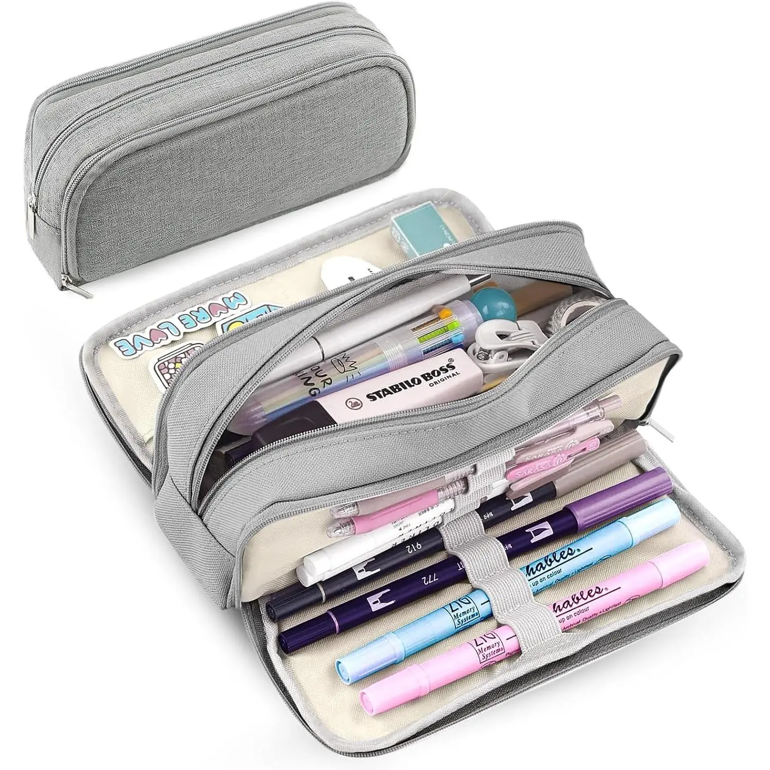 Large Capacity Pencil Case Pencil Pouch Pen Bag with 3 Compartment Stationery Organizer with Zipper, School Supplies Organizer for Teen Adults (Grey)