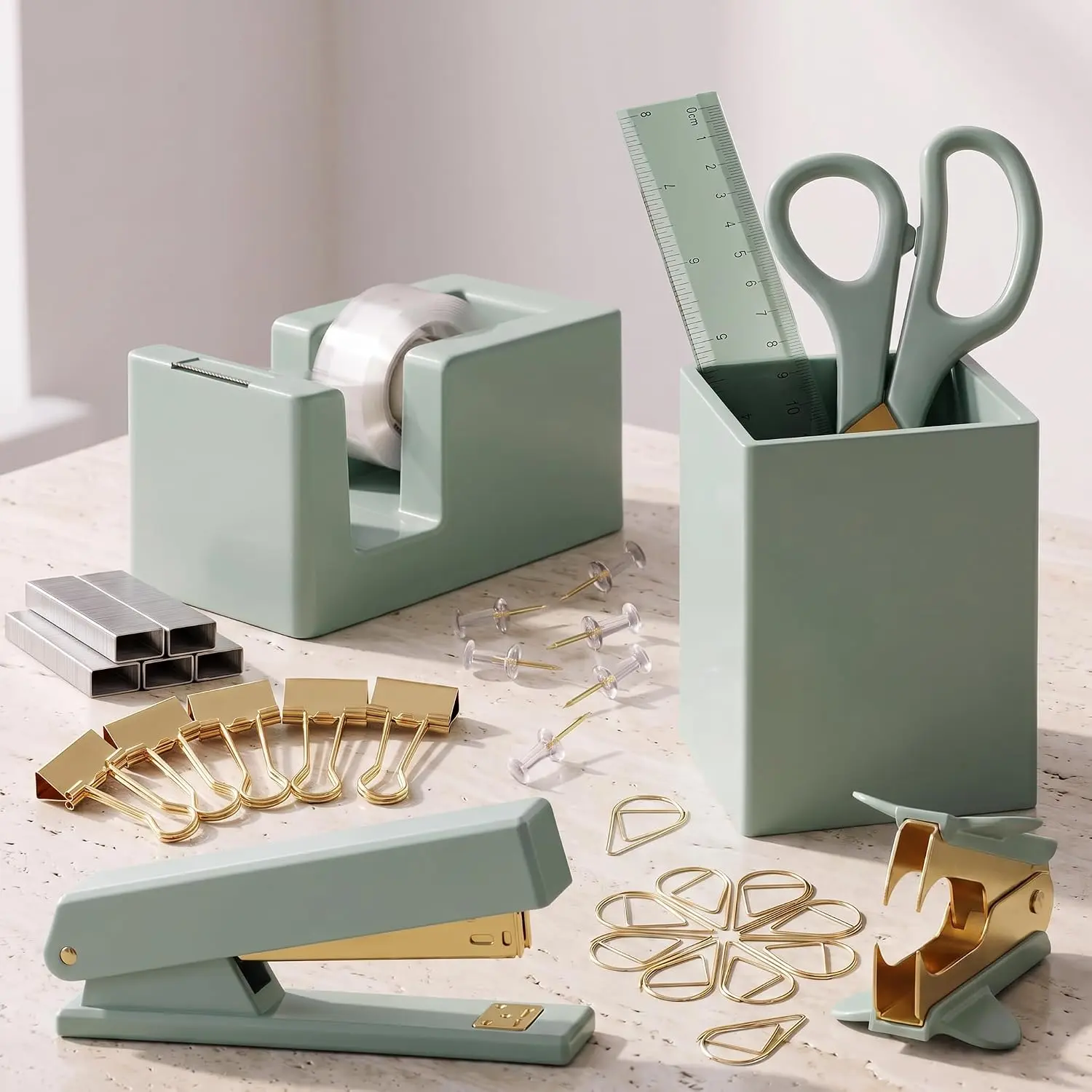 Aesthetic Desk Accessories Set - A Complete Desktop Organizer Set For Women Enhances Any Office Decor - An Office Supplies Kit w  Finish incl. Pen Holder, , Stapler, Tape Dispenser &