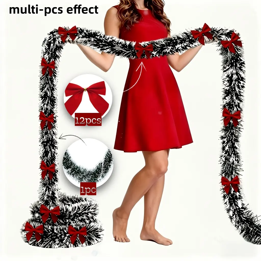 1/2pcs/set with Red Bow, Dark Green And White Snowflake Christmas Garland Decoration, Unlit Artificial Wreath, Suitable for Or Indoor Use, High-Quality Soft Green Holiday Decoration, Suitable for Indoor/ Holiday Decorations