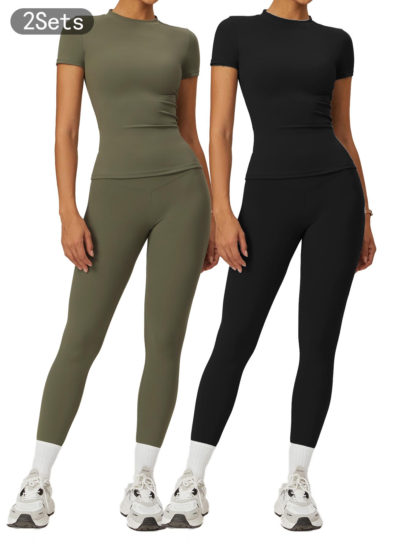 Women's Plain Round Neck Crop Tee & High Waist Leggings Yoga Set, Breathable Quick-Drying Short Sleeve T-Shirt & Skinny Pants Set for Gym Workouts and Running, Workout Running Clothes, Ladies' Sportswear for All Seasons