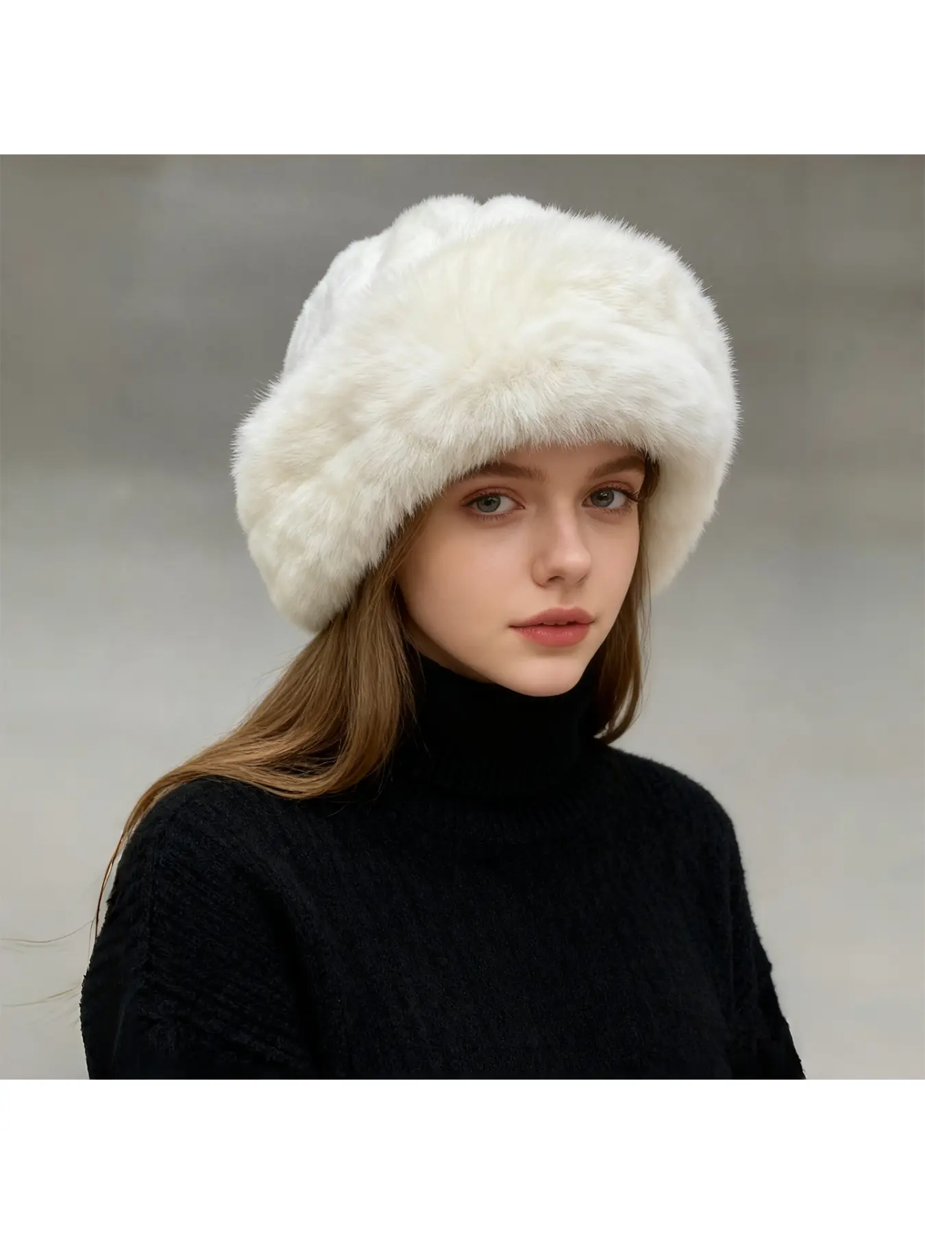 Large head circumference black hat women's winter warm plush bucket hat faux rabbit fur windproof ear protection Russian Mongolian hat