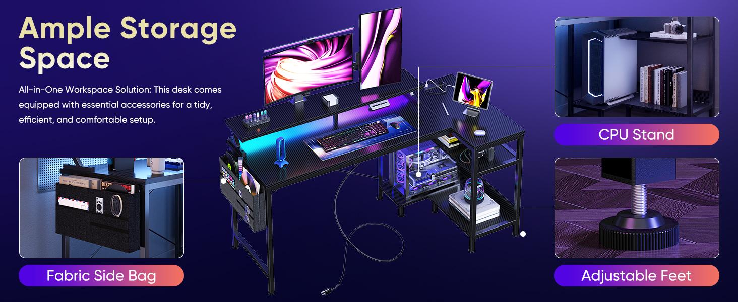 Gaming Desk, Computer Desk with USB Charging Ports, Power Outlets, Type-C and LED Lights, Reversible L Shaped Desk with Storage Shelves & Monitor Stand for Office Gaming Room Black 48IN