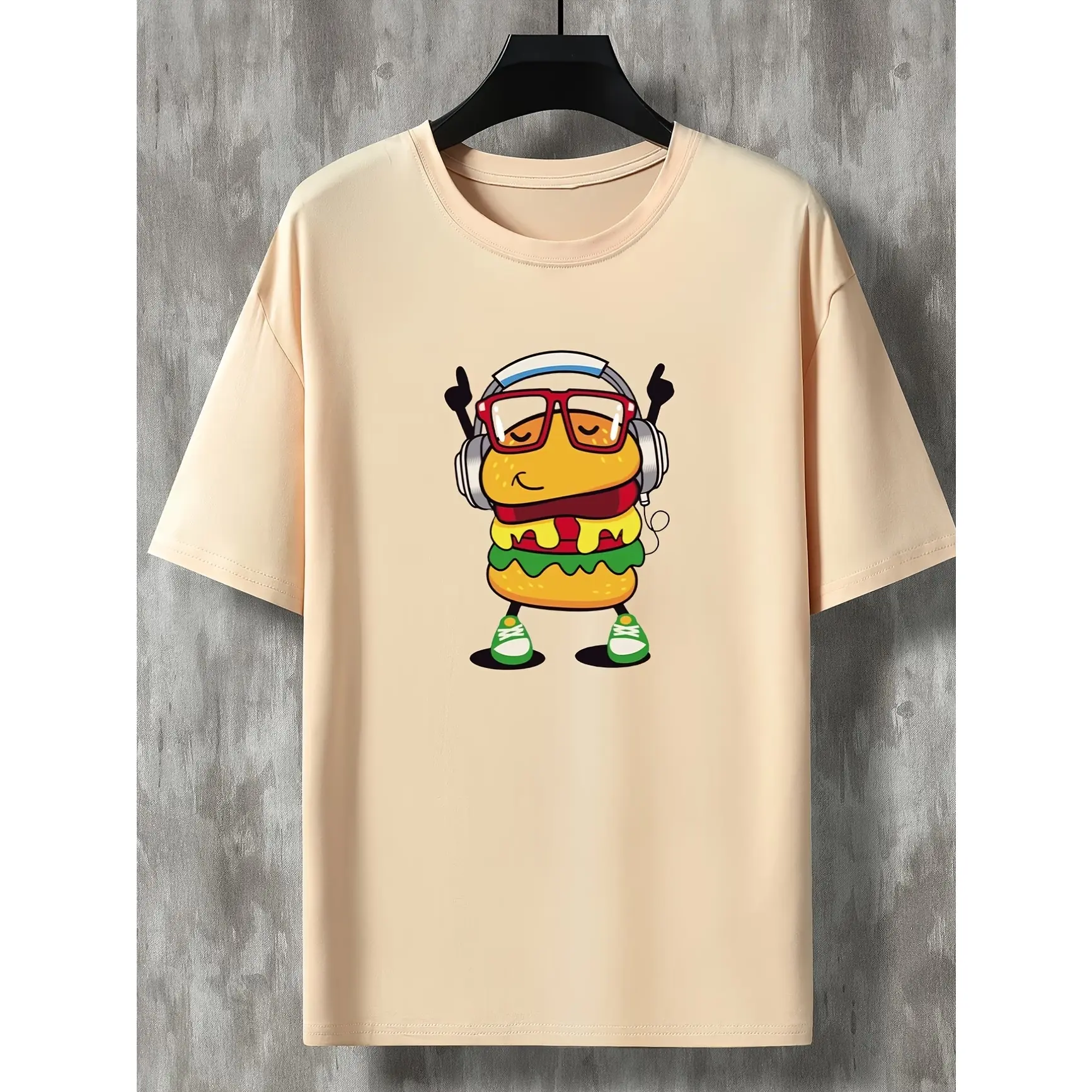 Cute Kawaii Burger Character Tee – Cartoon Hamburger With Headphones & Red Glasses, Funky Food Lover Graphic Print, Cotton Casual Shirt, SummerVibes Perfect Gift For Teens, Best Streetwear Outfit