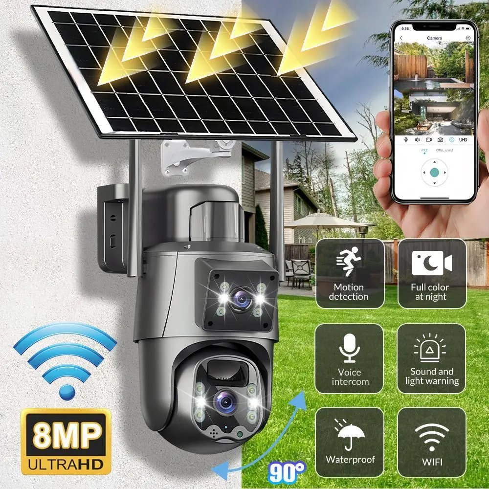 【BackToSchool】 8MP Outdoor Wireless WiFi CCTV Security Camera with Solar Panel, Safety Monitoring, Local Recording, Water-Proof Design, Built-In Port