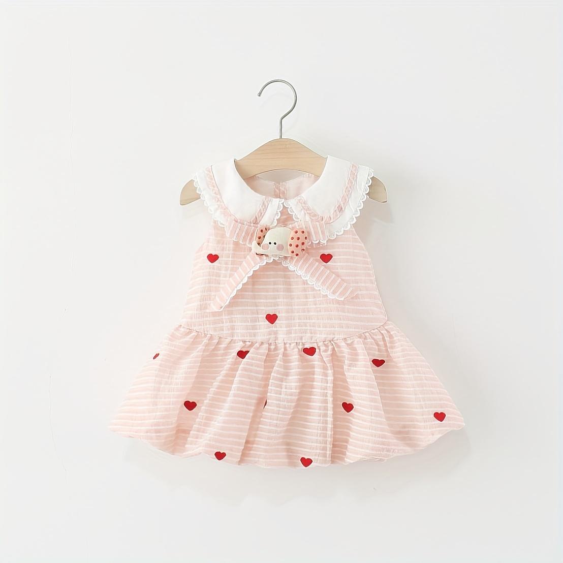 Summer Pink Striped Cute Baby Girl Dress Turn-Collar Sleeveless Sweet Heart Dress Toddler 0-4 Years Old Cartoon Elephant Casual Children's Clothing
