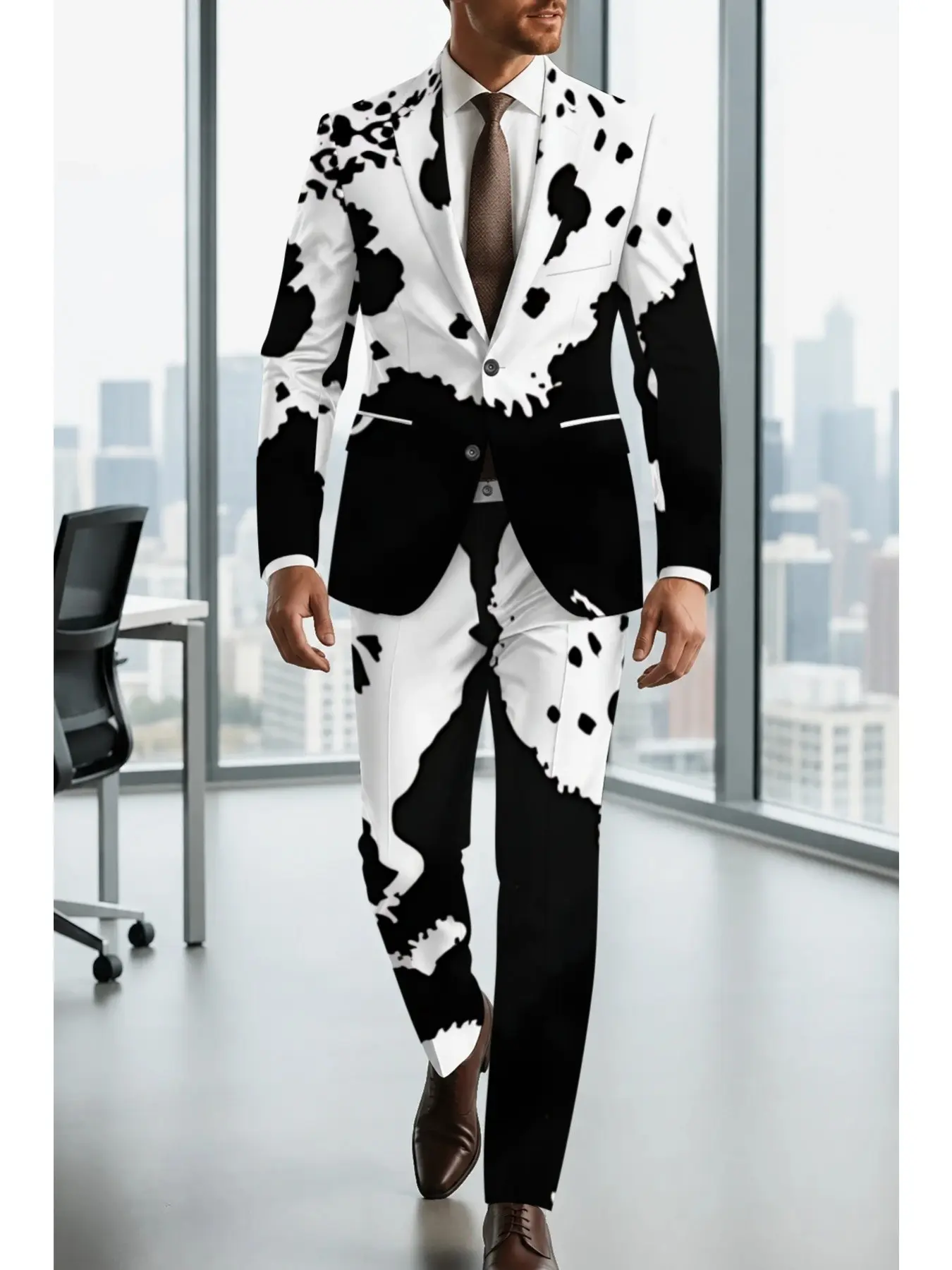 Sweet Cool Spot Trendy Blazer Set, Classic Cow Animal Pattern, Contrast Color Fashion, Ideal for Influencers, Stage Models, Creative Parties