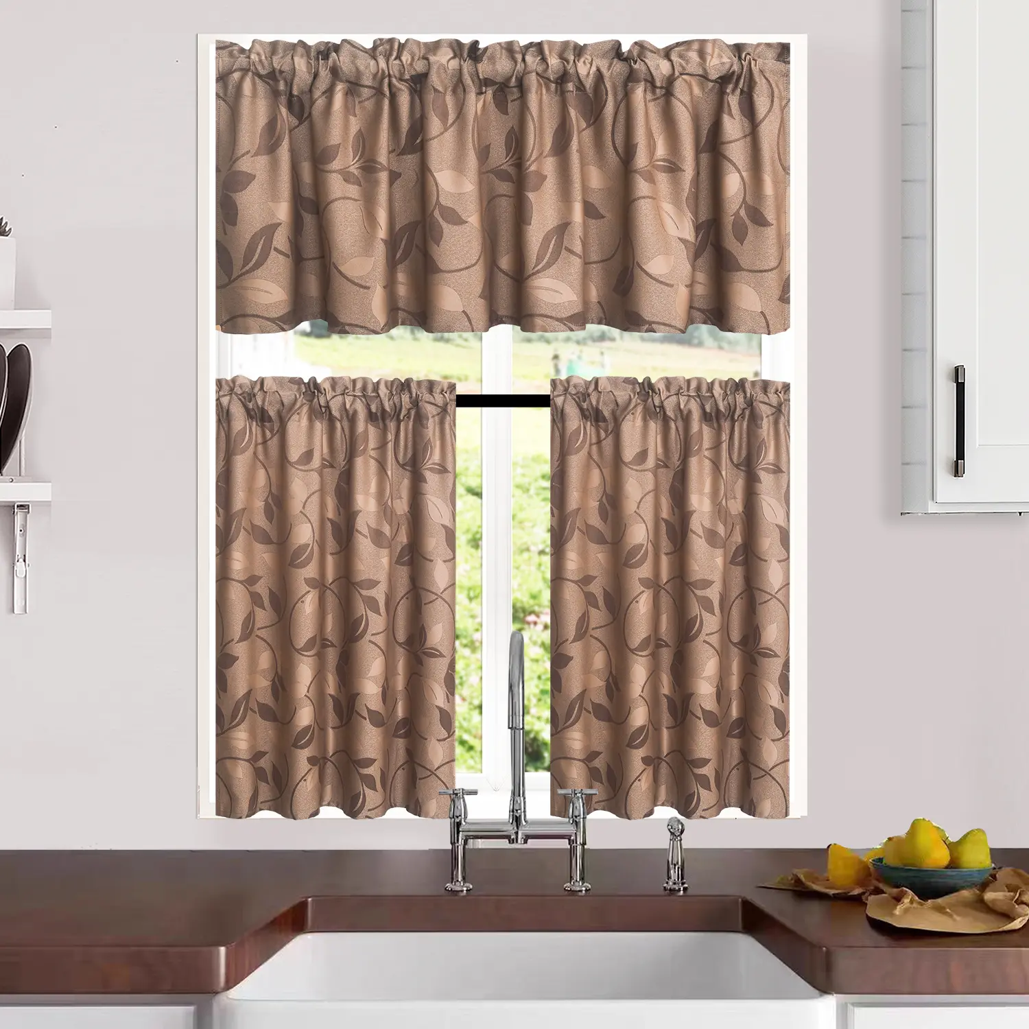 3-Piece Jacquard Leaf Rod Pocket Curtain Set, Privacy Tier Valance for Kitchen, Bathroom Home Textile Decor