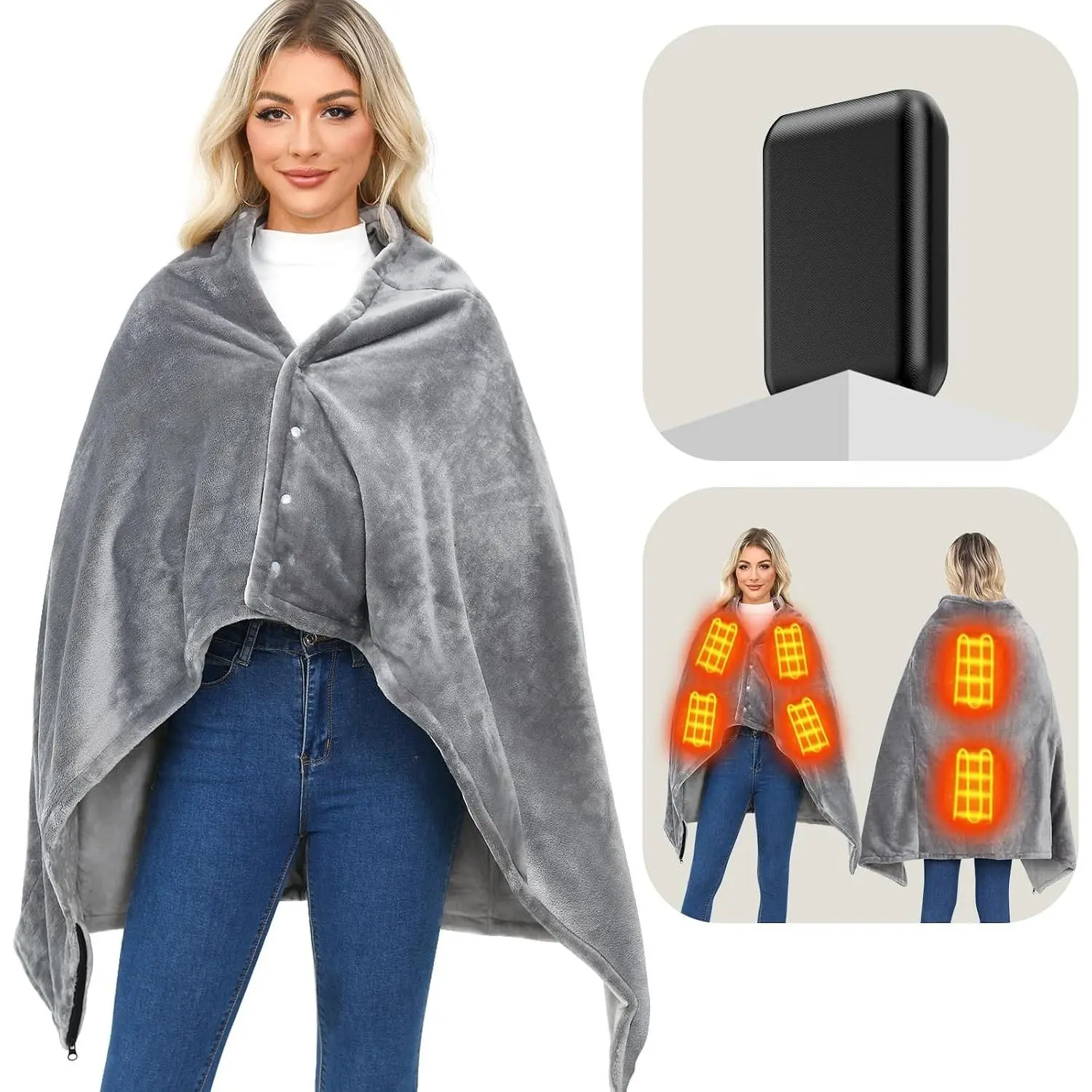 Heated Blanket with Portable Battery 6 Zone Heating 55'' x 35'' Rechargeable USB Wireless Heated Blanket for Camping Washable Gray