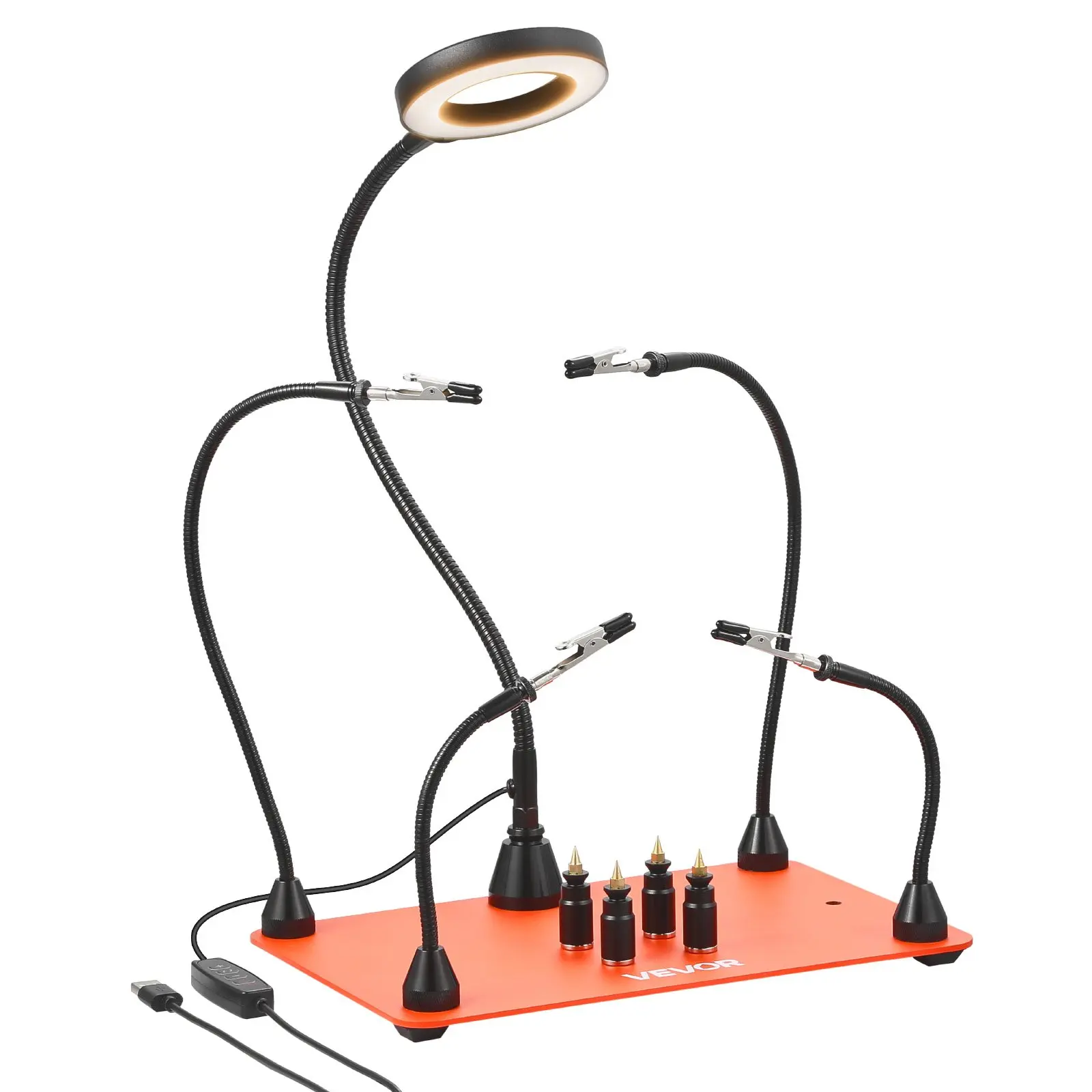 【Summerfinds】VEVOR Magnetic Helping Hands Soldering Station, 4 Flexible Arms Third Hand Soldering Tool, with 3X LED Magnifying Lamp, 4 PCB Pillar Holder Heavy-Duty Base, Electronic Repair Craft Hobby DIY